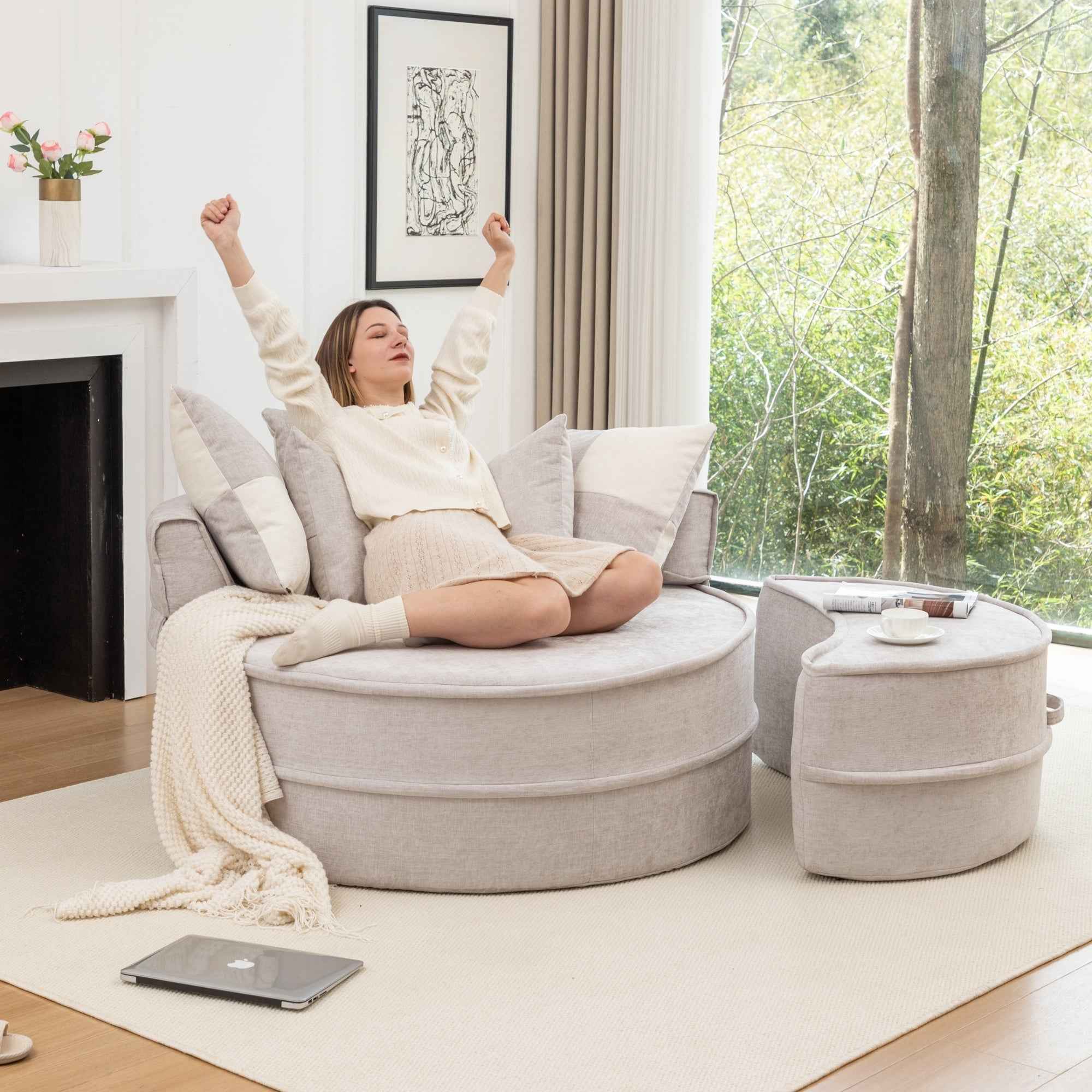 Modern Oversized  Gray Round Barrel Accent Chair with Ottoman – Velvet Upholstered Lounge Armchair with 5 Pillows for Living Room or Bedroom