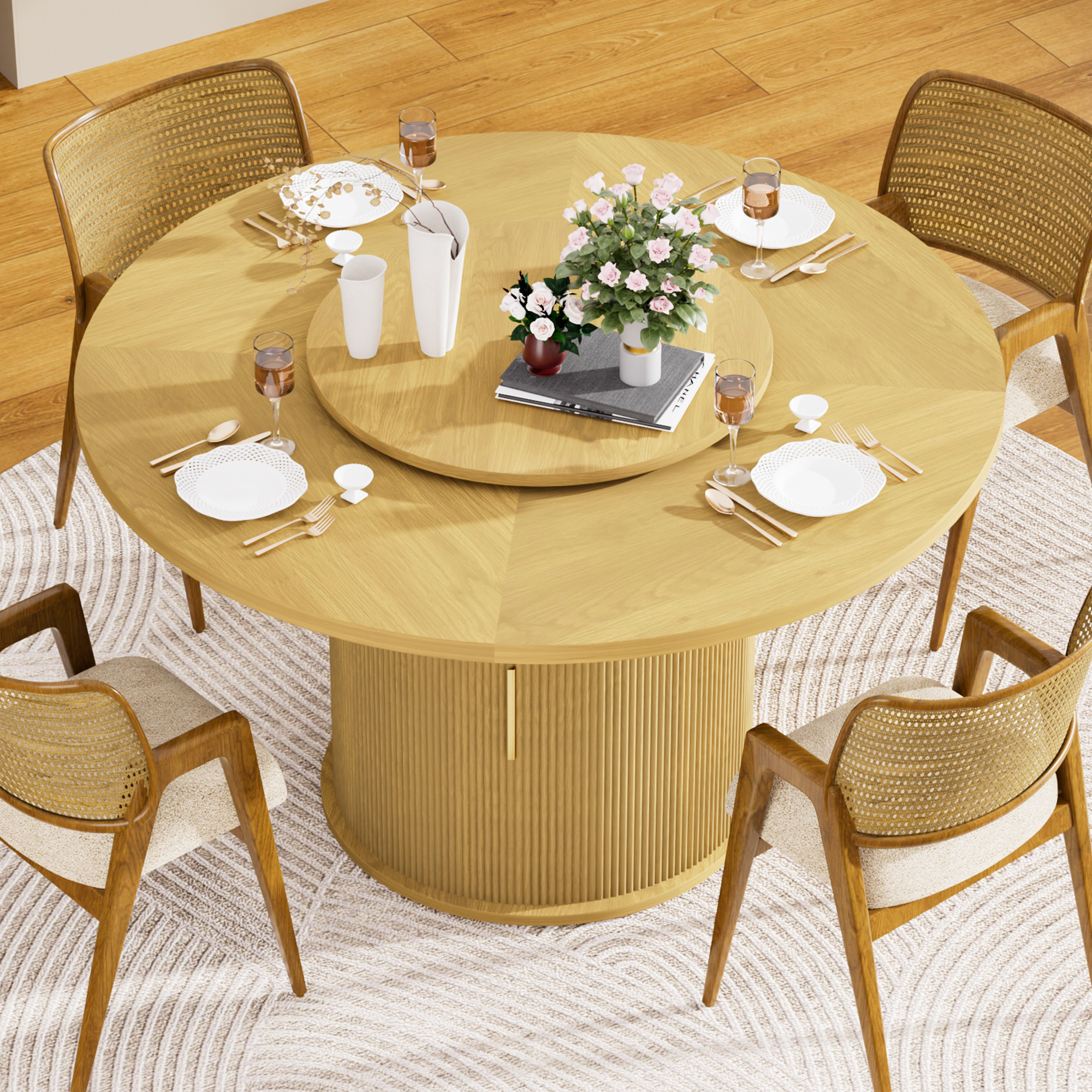 55-inch round dining table for six, featuring a double-tiered storage rack and a rotating tabletop tray. Wooden wavy-striped sliding doors. Ideal for home dining room living room (Natural).