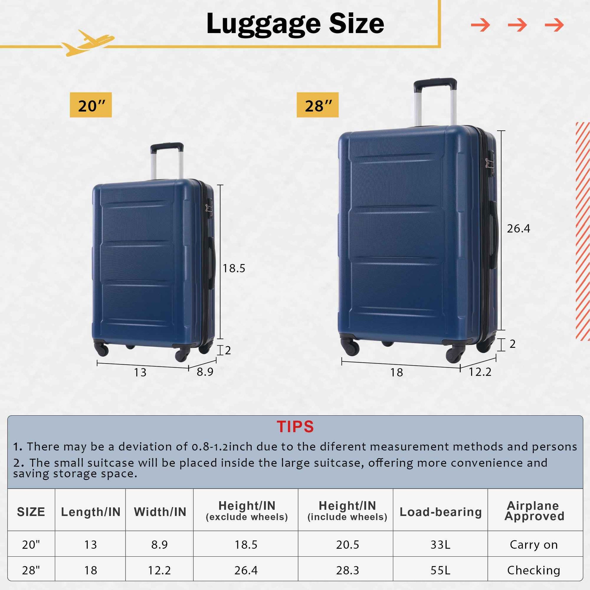 Expandable Spinner Wheels 2 Piece Luggage Set with TSA Lock, Blue, ABS Material, 20inch+28inch
