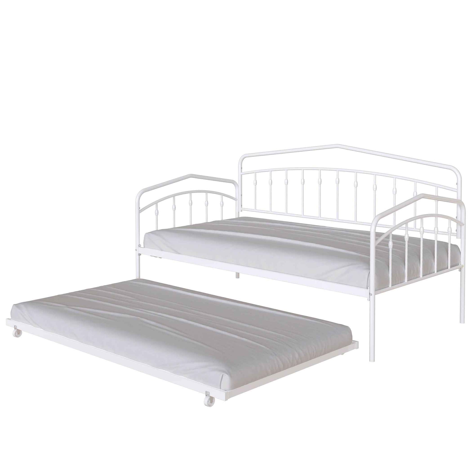 Fox Twin Metal Daybed with Trundle Bed Frame Set, Easy Assembly, Space Saving, Heavy Duty Metal Slat Support, Sofa Bed for Living Room, Bedroom, Guest Room, Kids Room, White