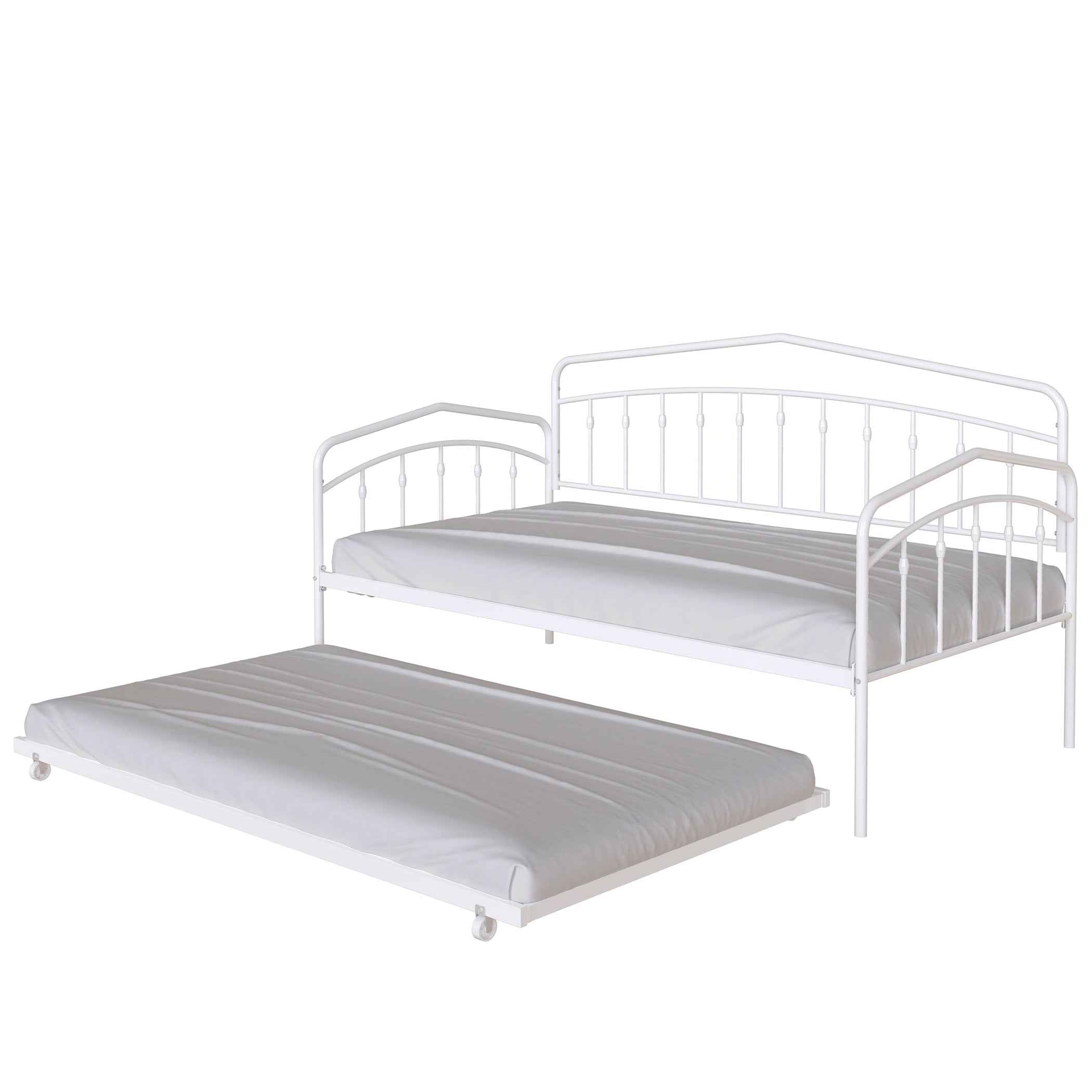Fox Twin Metal Daybed with Trundle Bed Frame Set, Easy Assembly, Space Saving, Heavy Duty Metal Slat Support, Sofa Bed for Living Room, Bedroom, Guest Room, Kids Room, White