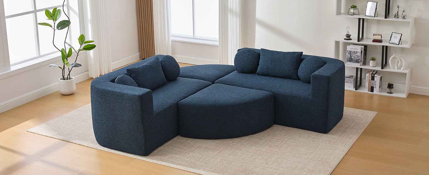 Boneless Couch Modular Sectional Sofa with Deep Seating and Curved Design in Blue Boucle, 114.9 Inches