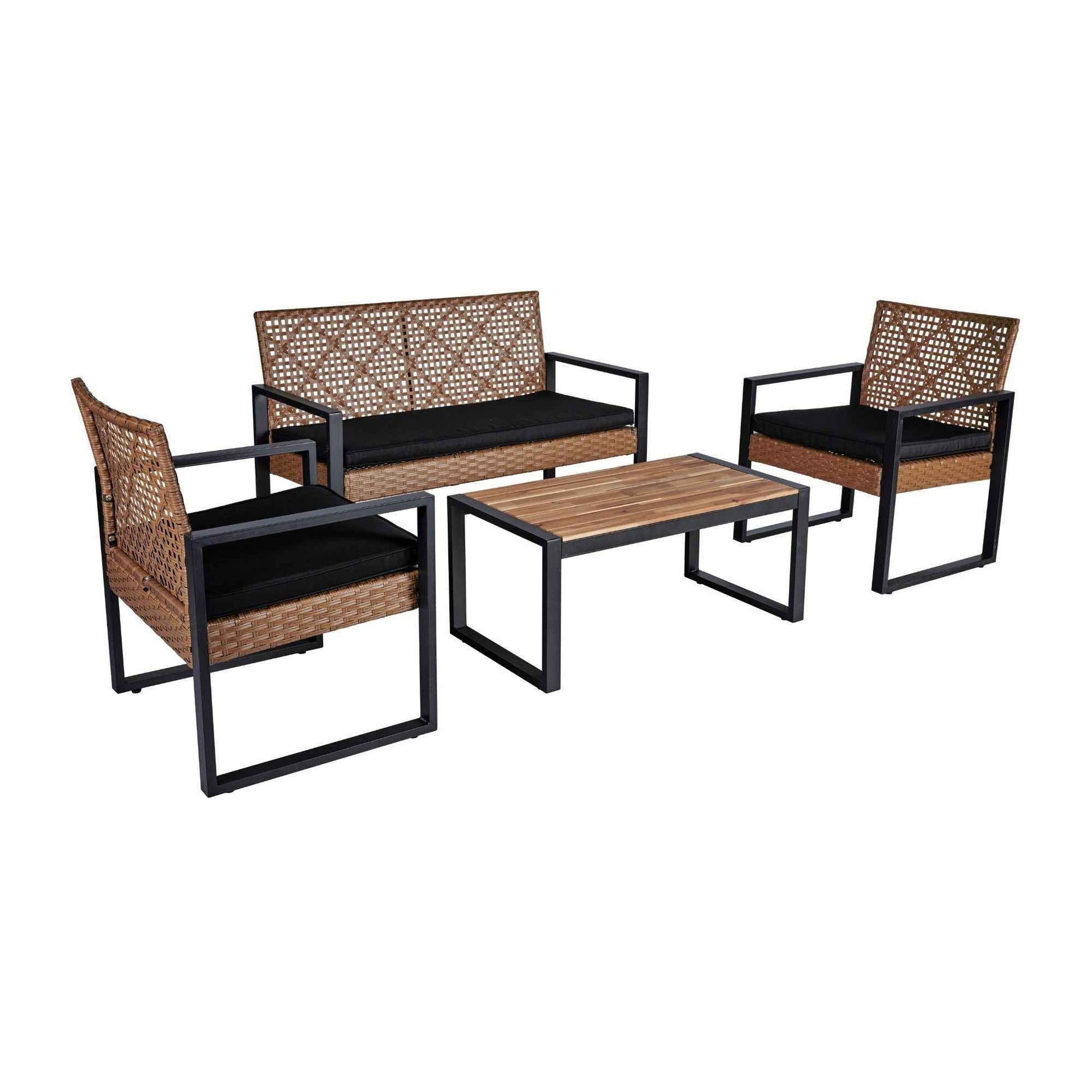 Modern Outdoor 4-Piece Patio Furniture Set with Acacia Wood Table Top, Black and Light Brown