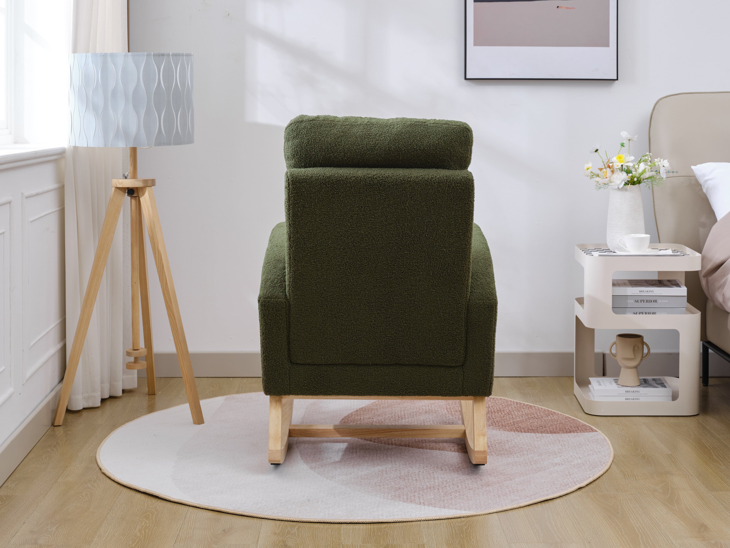 Modern Accent Rocking Chair Rocking Chair with Solid Wood Legs, Upholstered Nursery Glider Rocker, Comfy Armchair with Side Pocket, Living Room Lounge Arm Chair with High Backrest (Dark green,teddy)