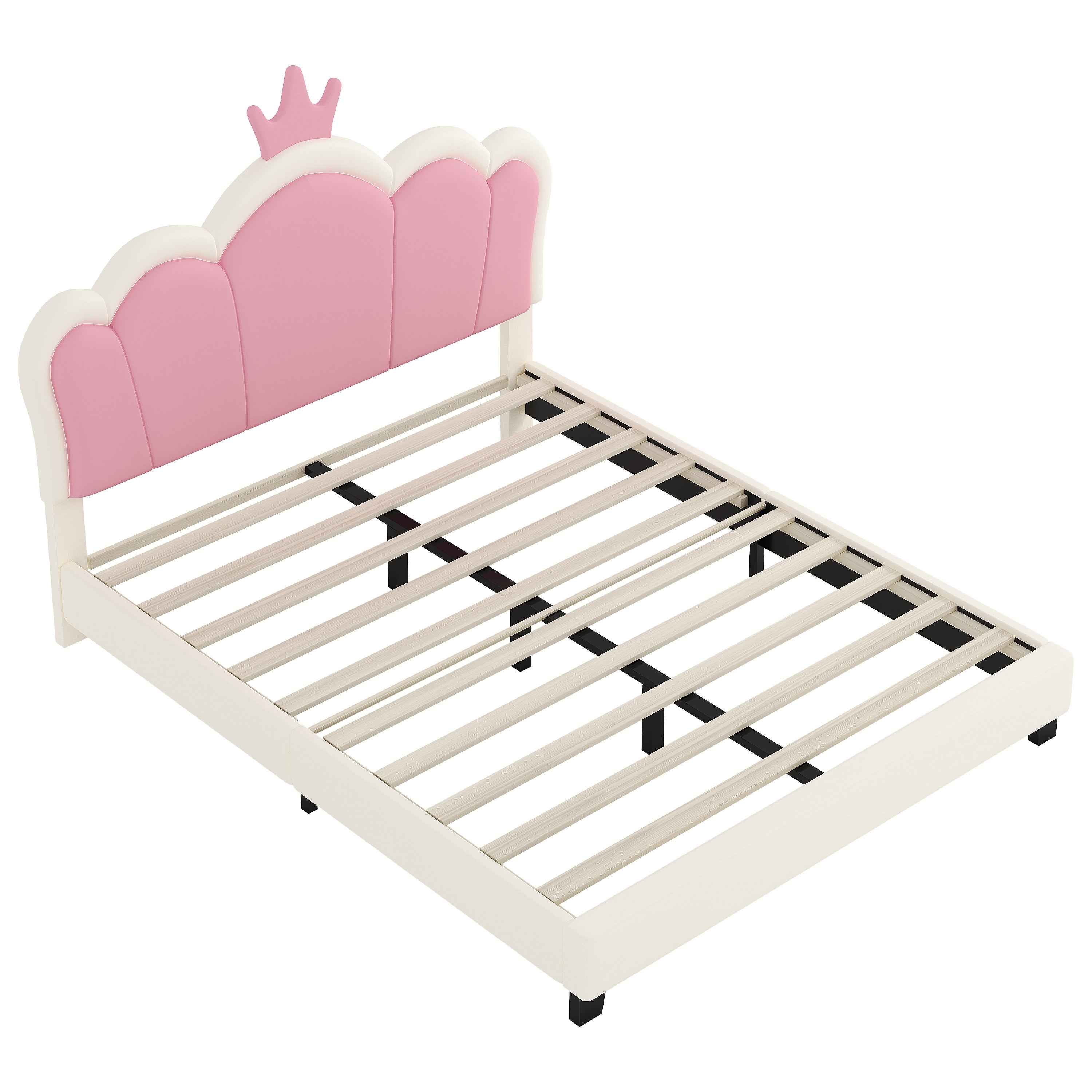 Full size Upholstered Princess Bed With Crown Headboard,Full Size Platform Bed with Headboard and Footboard, Cream+Pink(Old SKU:WF303337AAK)