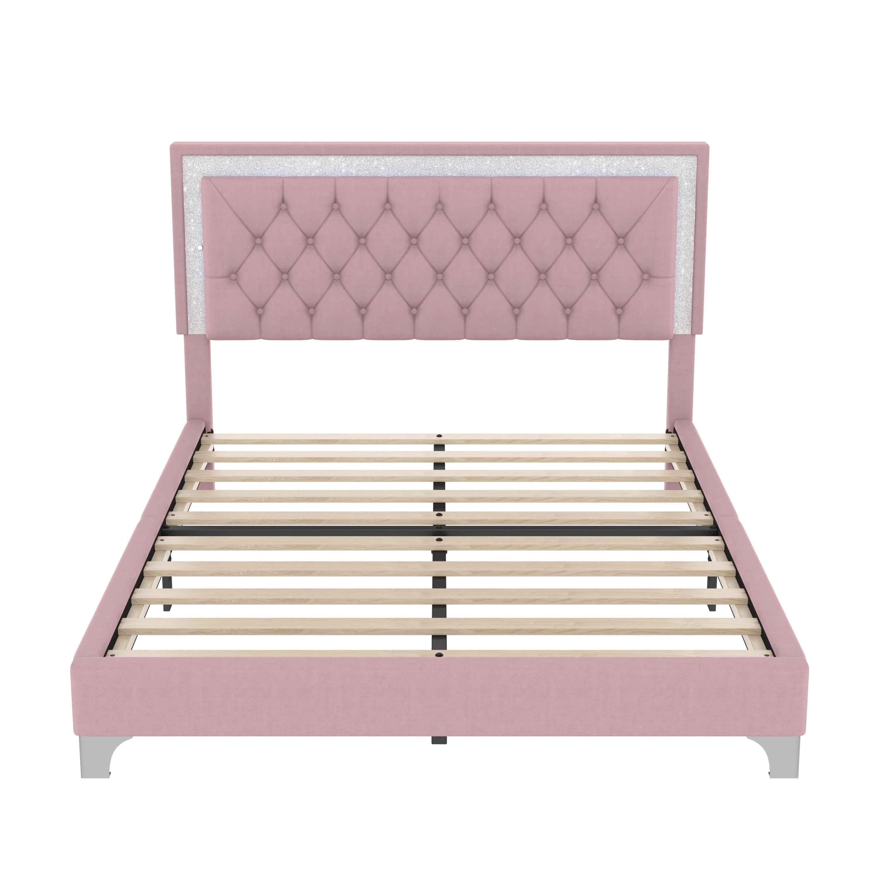 Queen Size Upholstered Bed Frame with LED Lights,Modern Velvet Platform Bed with Tufted Headboard,Pink