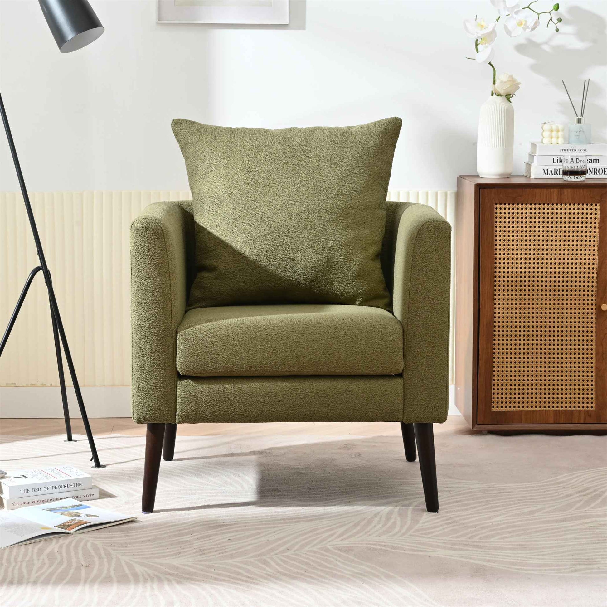 Modern Fabric Accent Chair, Upholstered Armchair for Living Room, Mid Century Fabric Lounge Chair w/Pillow, Comfortable Reading Chair with Wood Legs for Living Room, Bedroom, Reception Room (Olive)