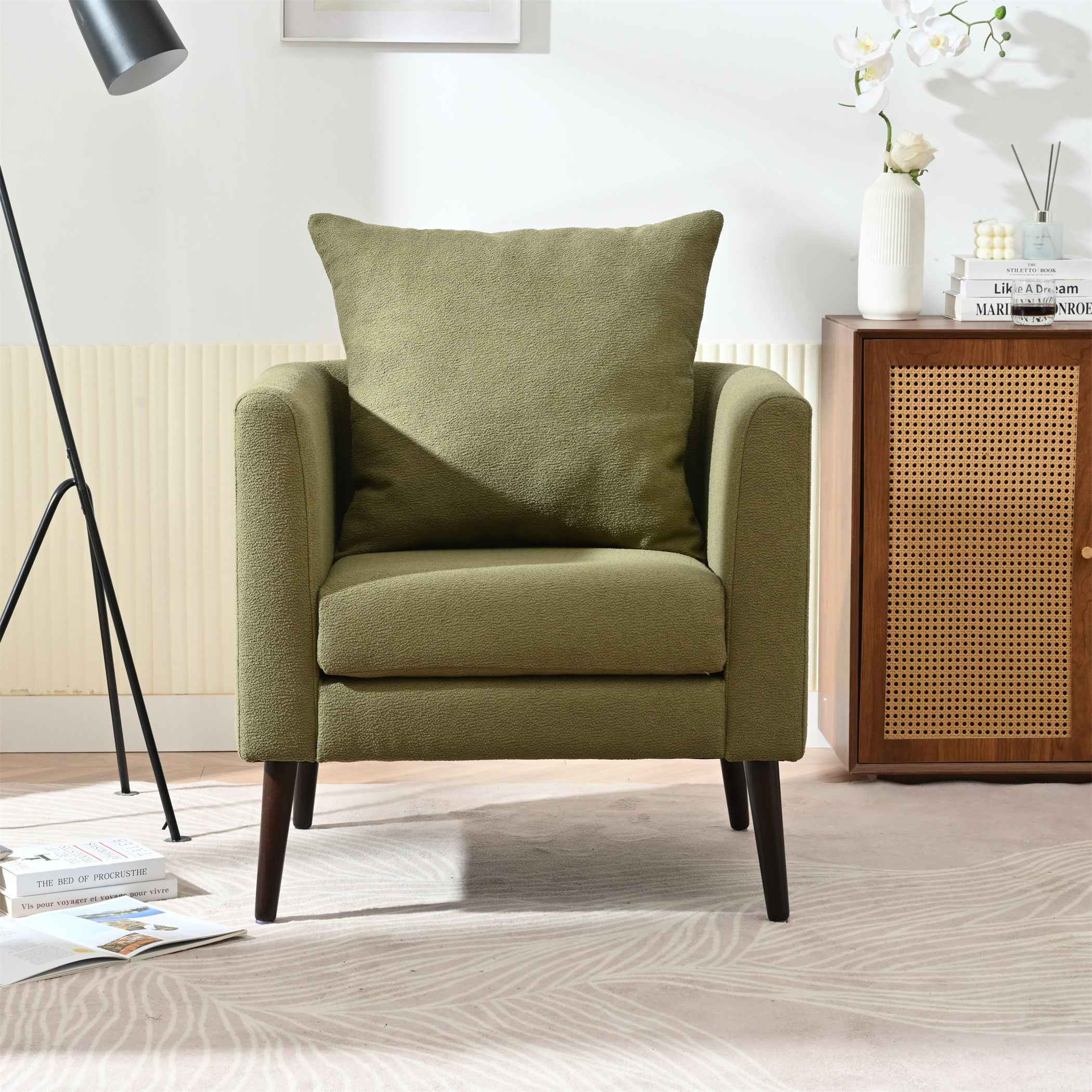 Modern Fabric Accent Chair, Upholstered Armchair for Living Room, Mid Century Fabric Lounge Chair w/Pillow, Comfortable Reading Chair with Wood Legs for Living Room, Bedroom, Reception Room (Olive)