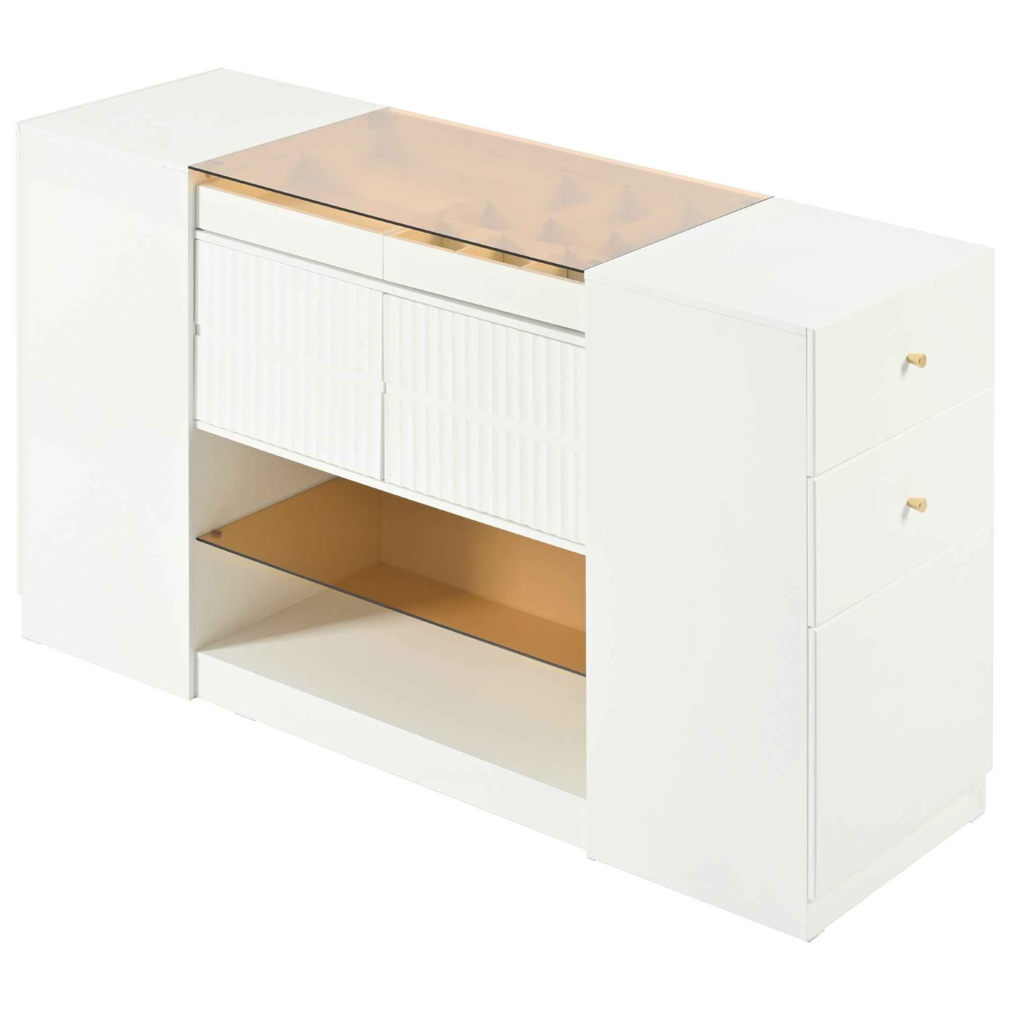 Modern Luxury Multi-Functional Island Vanity Dresser and Storage Cabinet with Glass Tabletop, Display Shelf, 6 Drawers, Cream White MDF