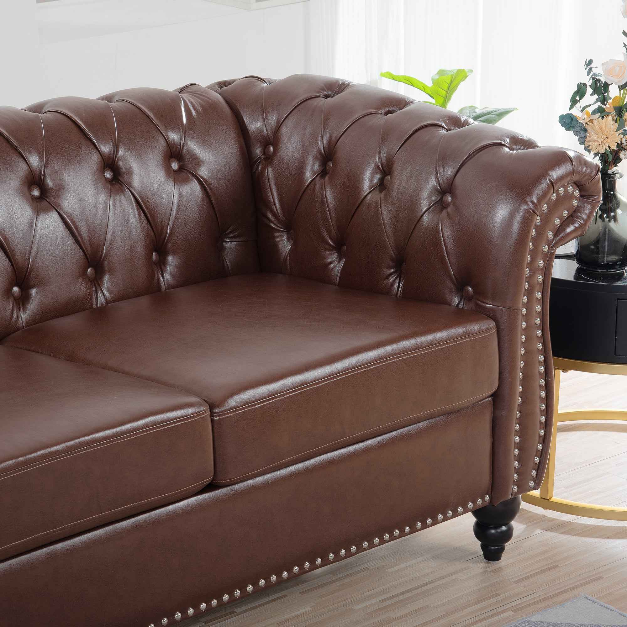 Dark Brown PU Rolled Arm Chesterfield Three Seater Sofa with Solid Wood Frame and Birch Legs