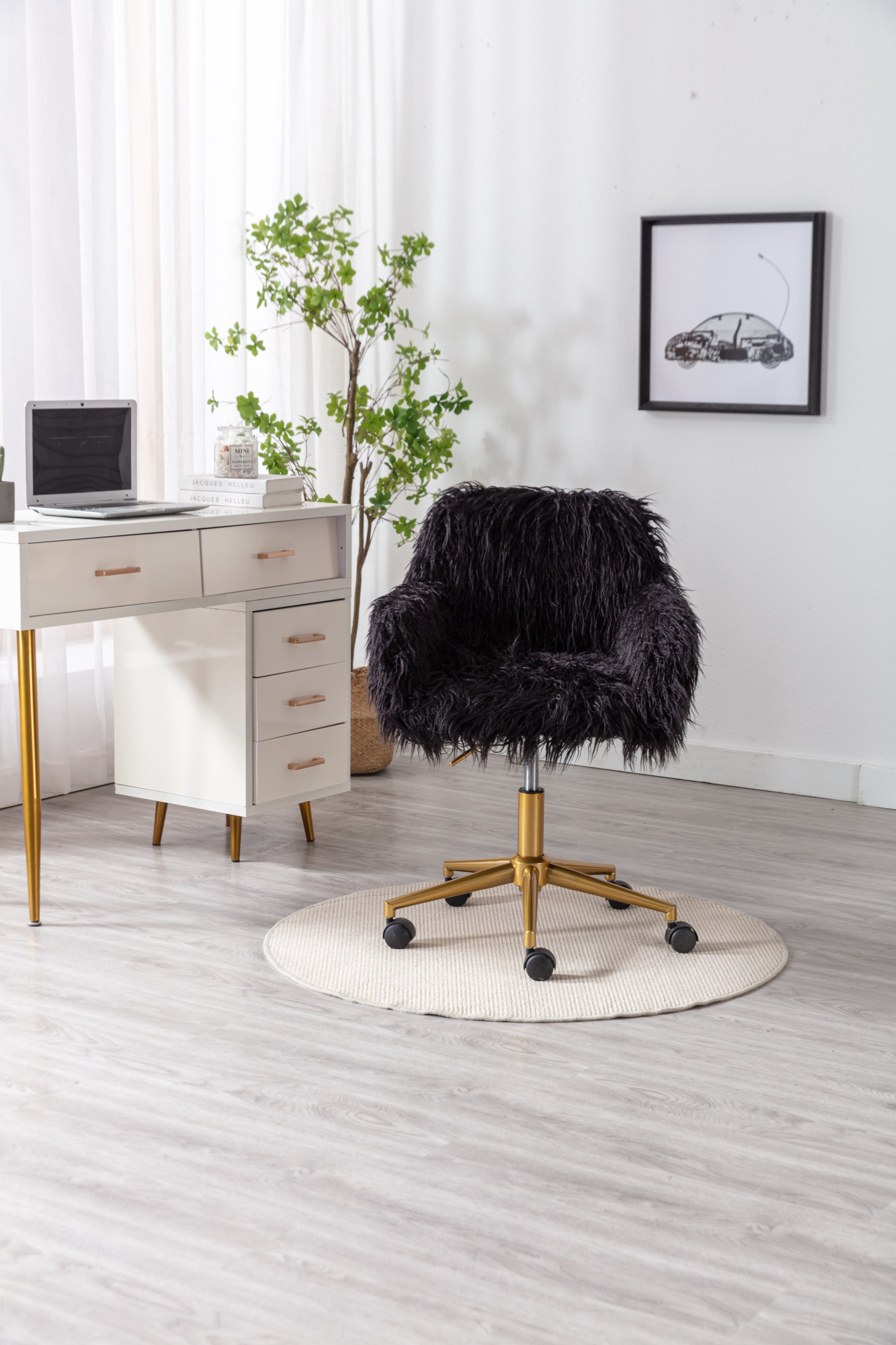 HengMing Modern Faux fur home office chair, fluffy chair for girls, makeup vanity Chair with Gold Plating Base