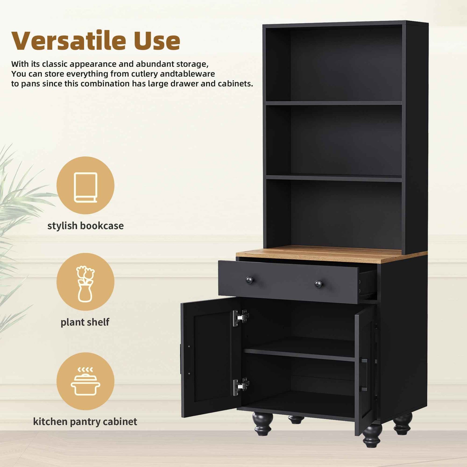 Farmhouse TV Stand with Solid Wood Gourd-Shaped Legs for TVs Up to 70', Entertainment Center with Bookshelves & Tempered Glass Doors, Media Console with Adjustable Shelves, Living Room, Black