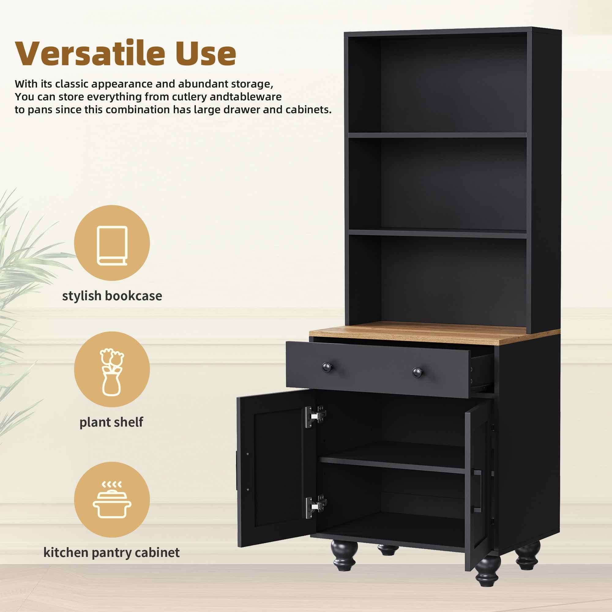 Farmhouse TV Stand with Solid Wood Gourd-Shaped Legs for TVs Up to 70', Entertainment Center with Bookshelves & Tempered Glass Doors, Media Console with Adjustable Shelves, Living Room, Black