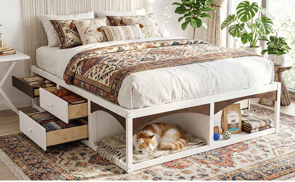 King Bed Frame with Storage Drawers, No Headboard Platform Bed, Pet-Friendly Design, No Box Spring Needed, Modern Minimalist Style-White
