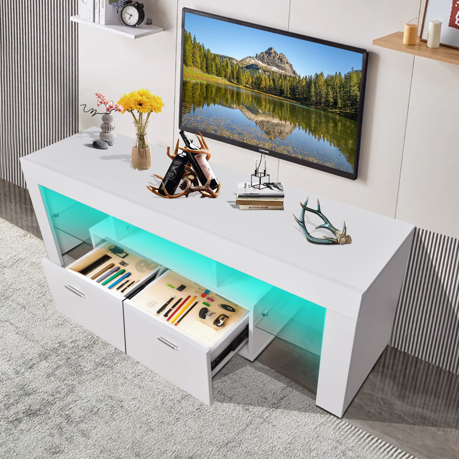 LED TV stand modern TV stand with storage Entertainment Center with drawer TV cabinet for Up to 75 inch for Gaming Living Room Bedroom