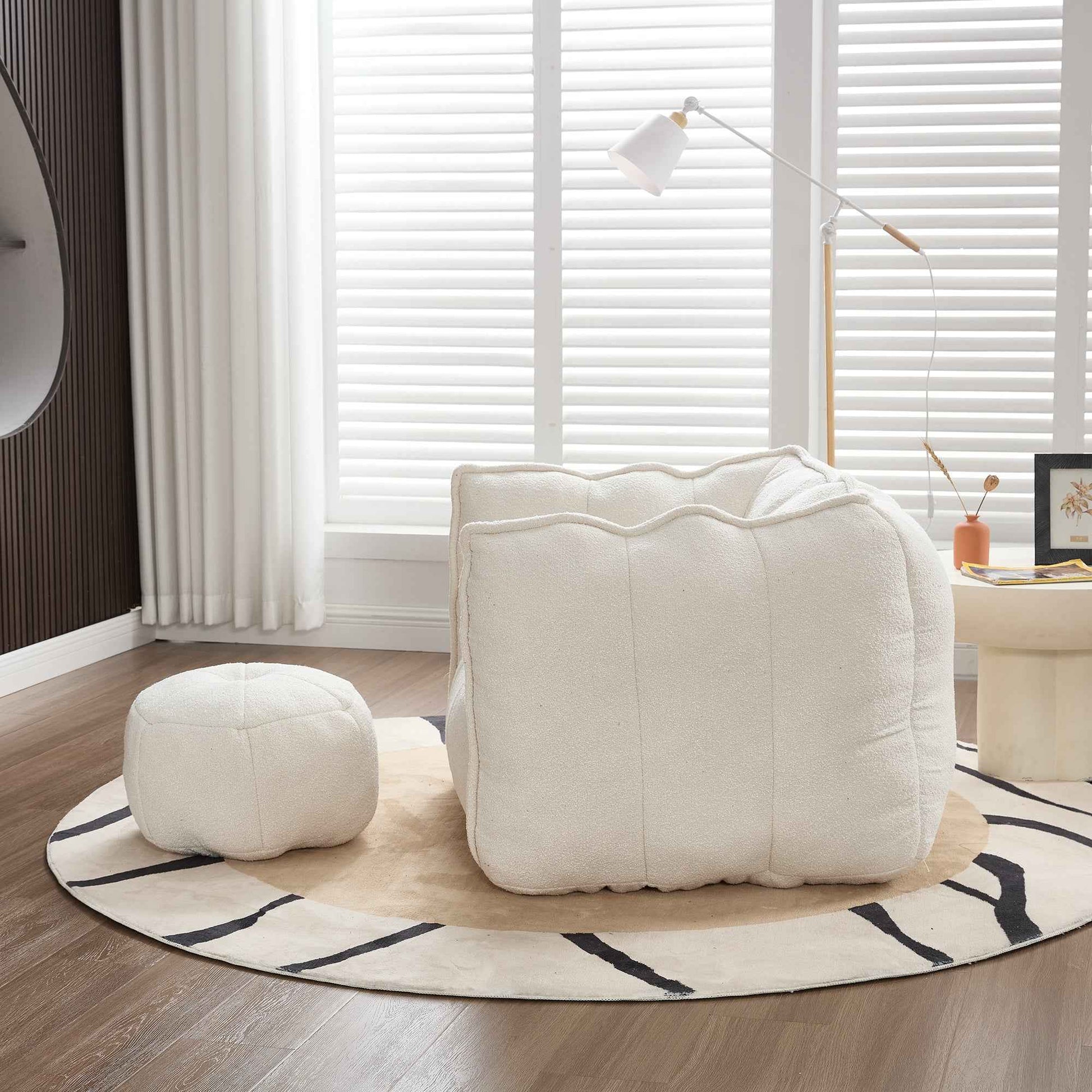Soft Chenille Bean Bag Chair with High Resilient Foam for Living Room and Bedroom, Comfortable Square Lazy Sofa with Footstool for Adults