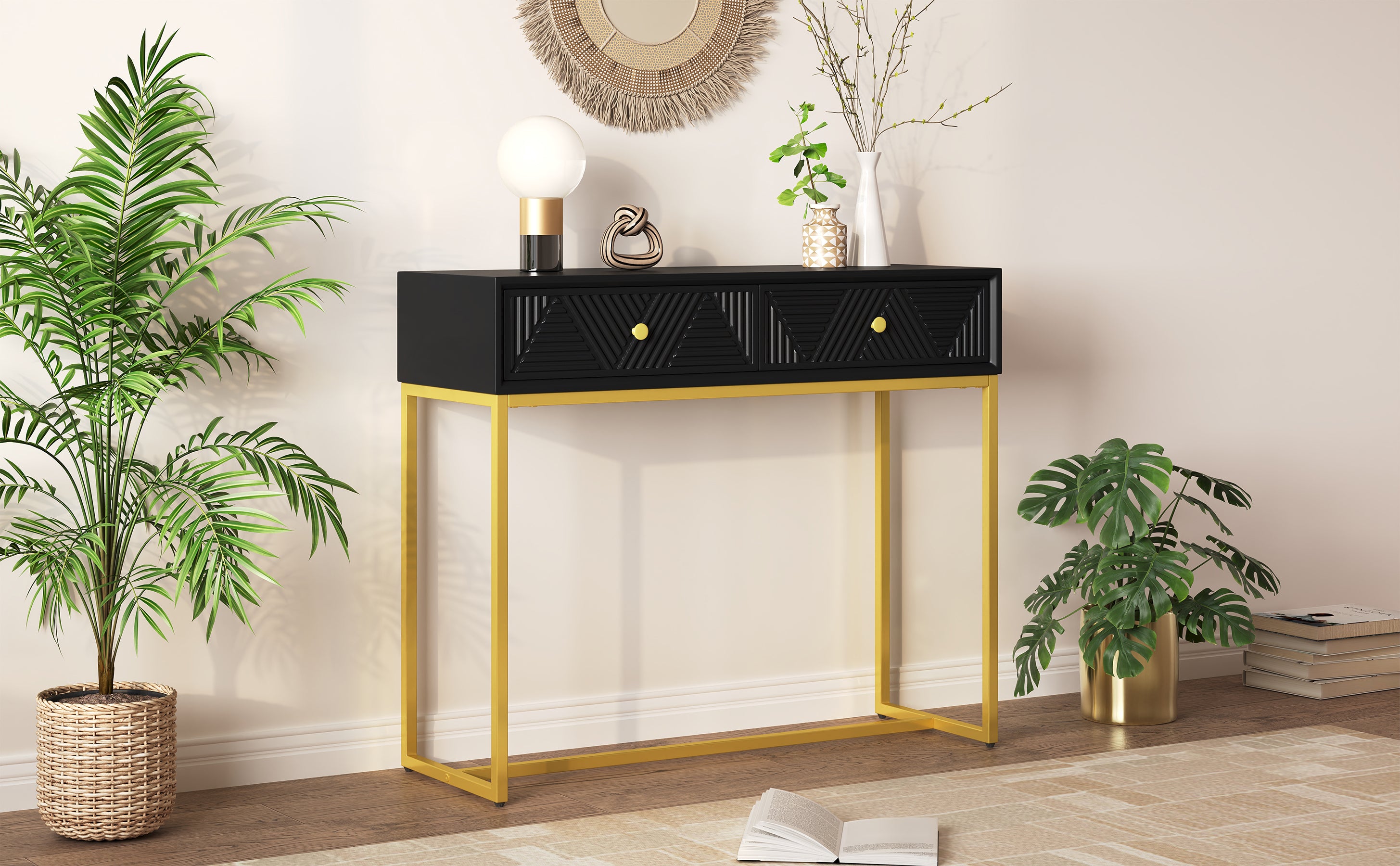 TREXM Modern Sleek Console Table Two Drawers with Stripe Design for Living Room and Entryway (Black)