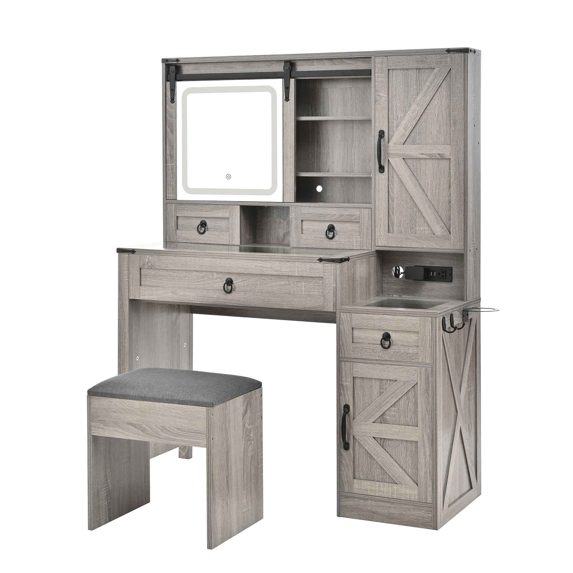 Farmhouse Vanity Desk with Sliding Mirror and Lights, Vanity Set with Glass Top and Charging Station ,Dressing Table with 4 Drawers and 2 Cabinets, Dressing Table with Stool for Bedroom, Gray