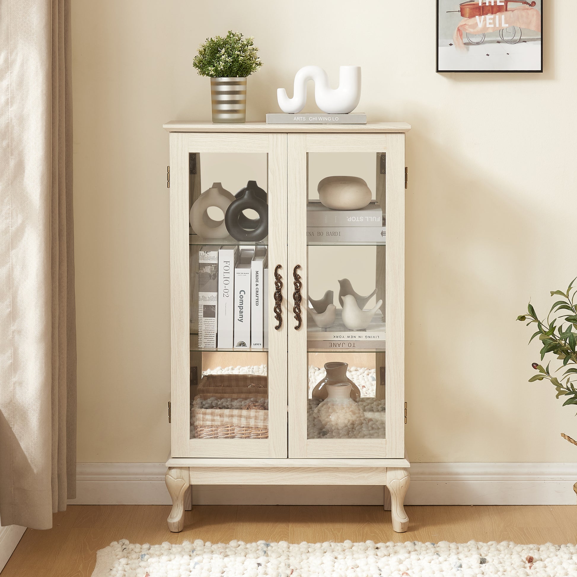 2 Doors Curio Cabinet with Tempered Glass Doors, Curio Cabinets with Mirrored Back Panel and Adjustable Shelves, Lighted Display Cabinet for Home, Office Light Bulb Included White - Abrihome