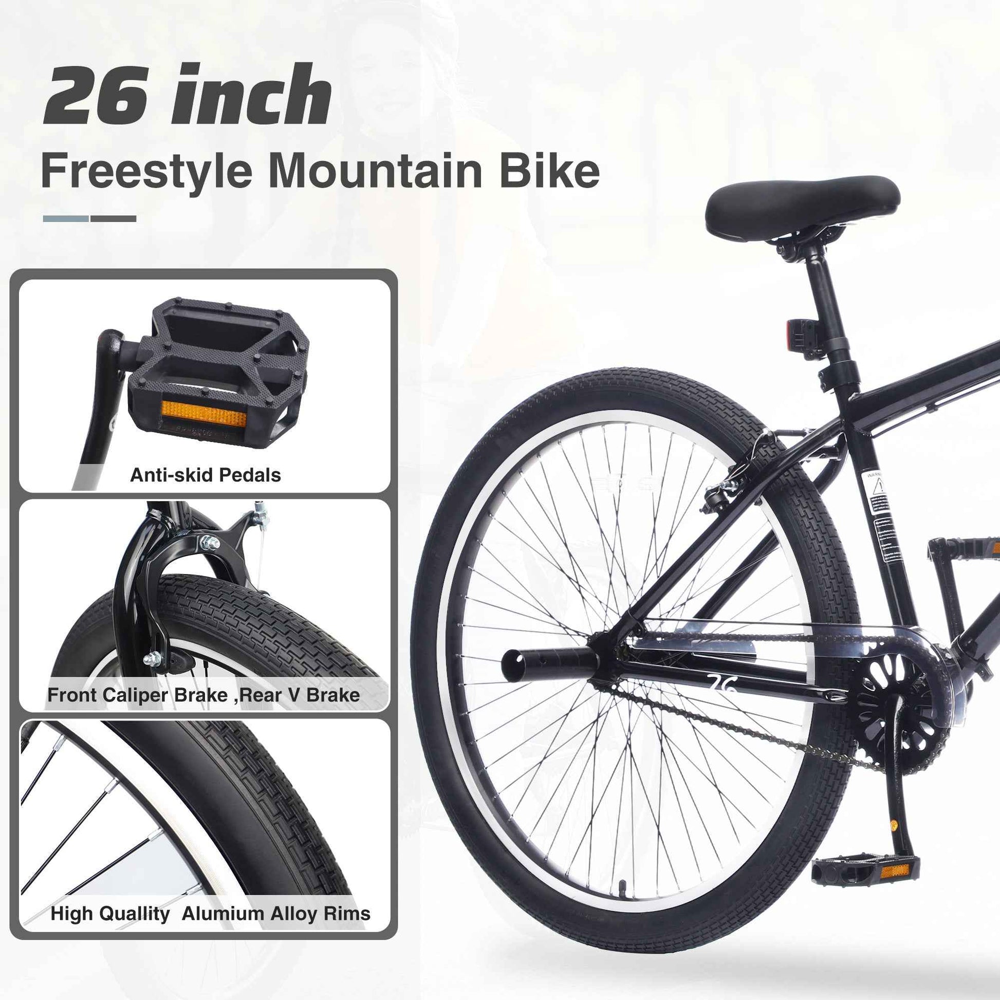 26 Inch Freestyle Bike for Teens, Steel Frame Single-Speed Bicycle with 2 Pegs , Front Caliper Brake and Rear V Brake, Bicycle for Boys and Girls Ages 14+