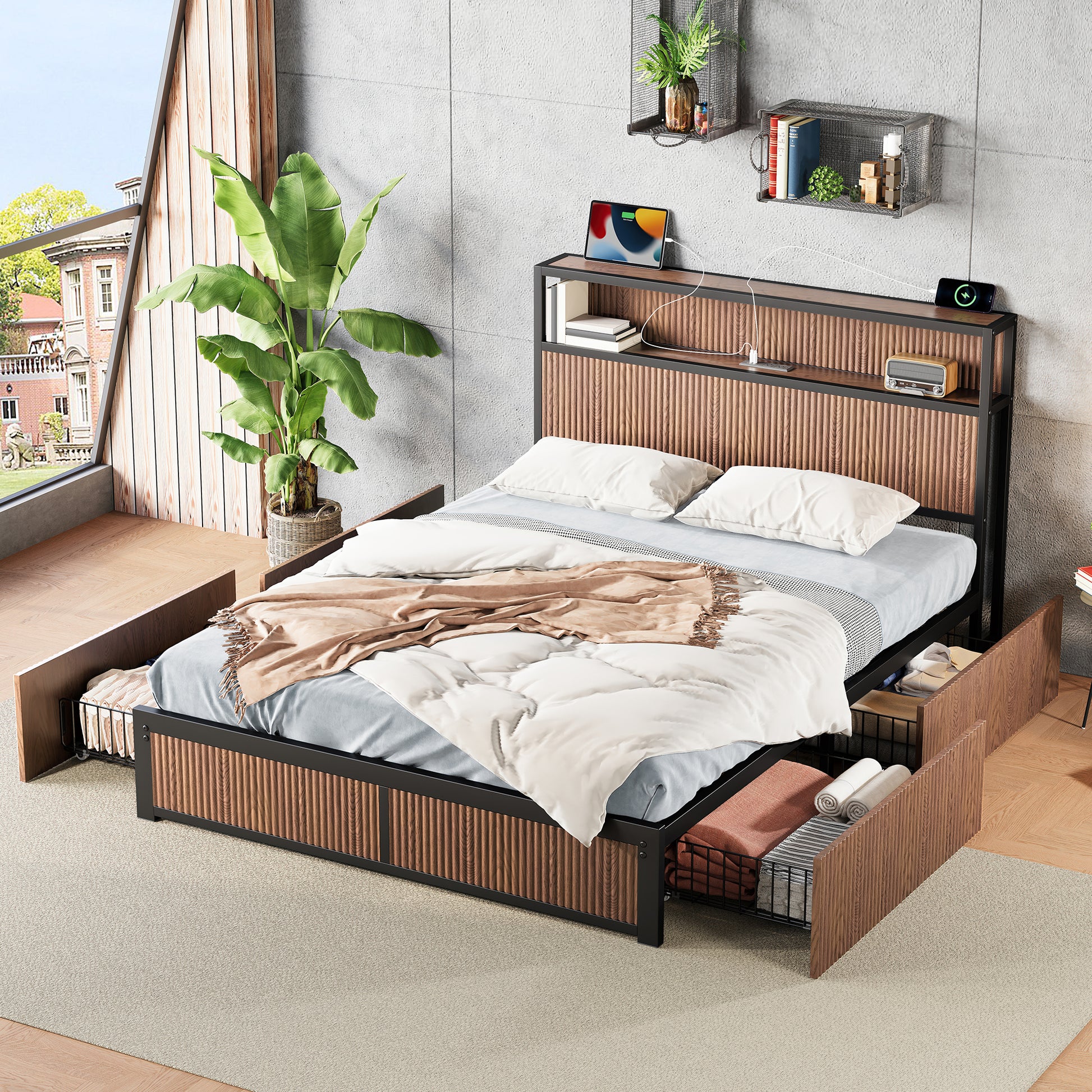 Large raised-pattern storage bed frame, wooden platform bed frame with multiple drawer storage function, bedside socket, brown wood (Queen) - Abrihome