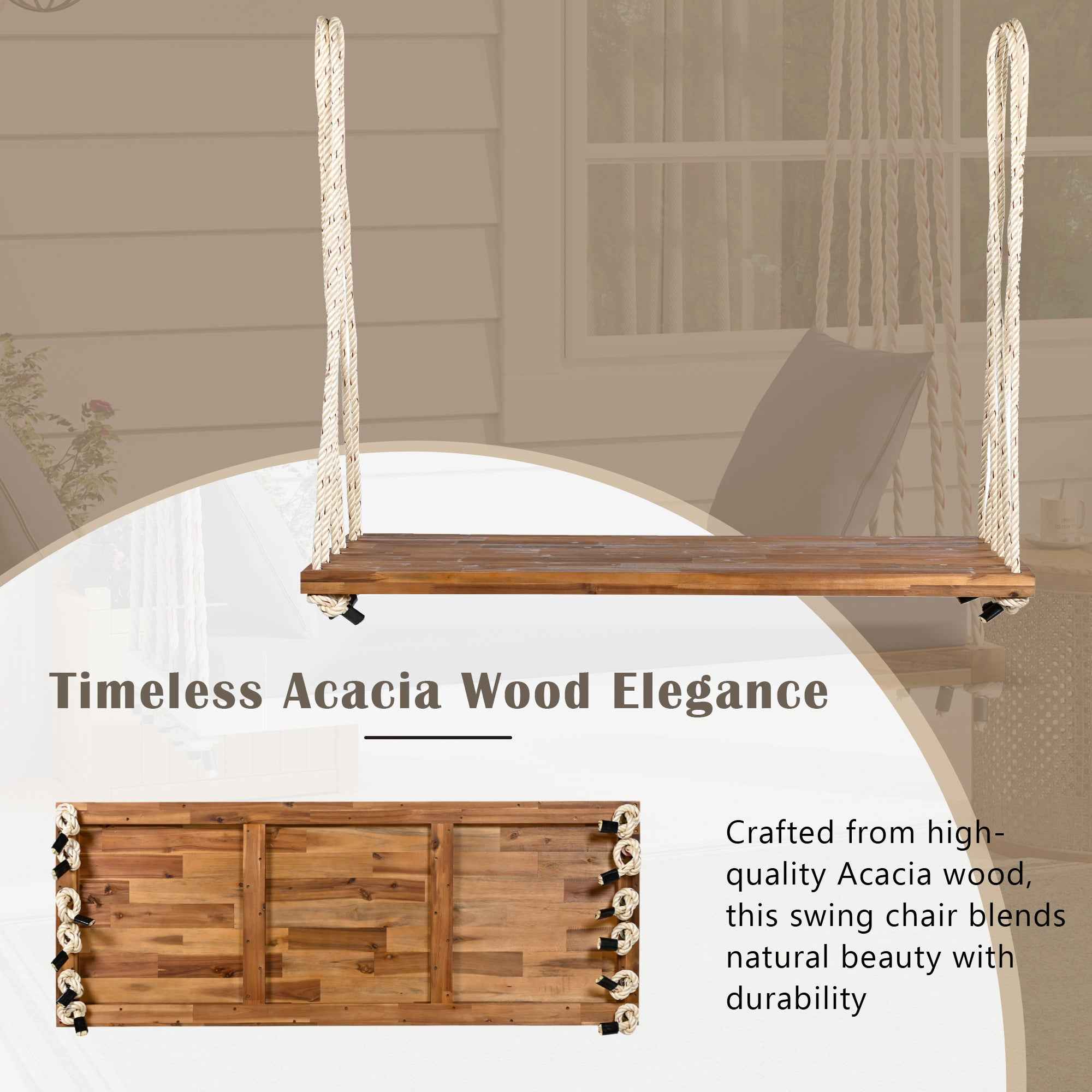 TOPMAX Patio Wooden Swing Chair, Hanging Porch Swing Bench with Cushion&Pillows, 10.8Ft Hemp Ropes for Garden,Backyard, Lawn,Natural