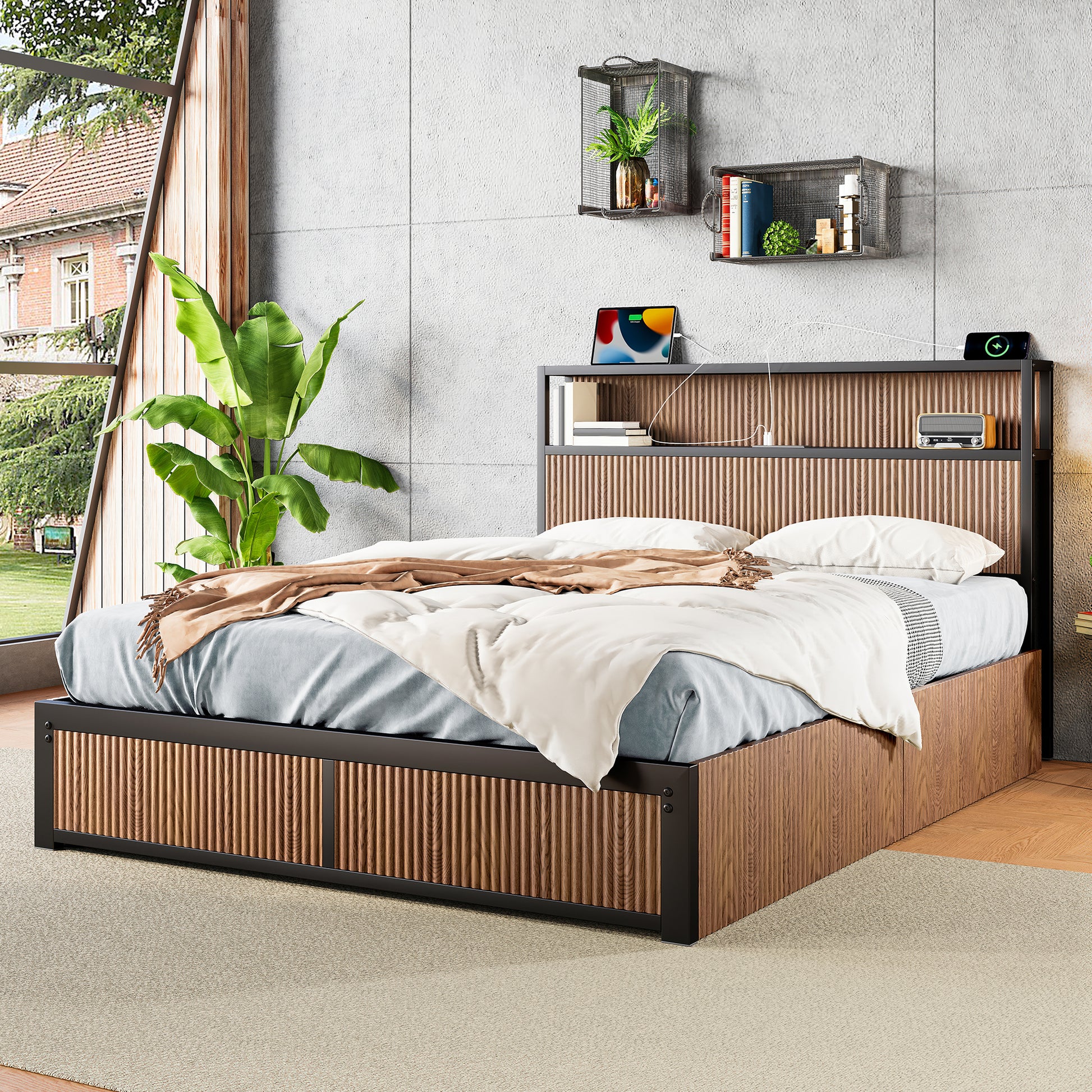 Large raised-pattern storage bed frame, wooden platform bed frame with multiple drawer storage function, bedside socket, brown wood (Queen) - Abrihome
