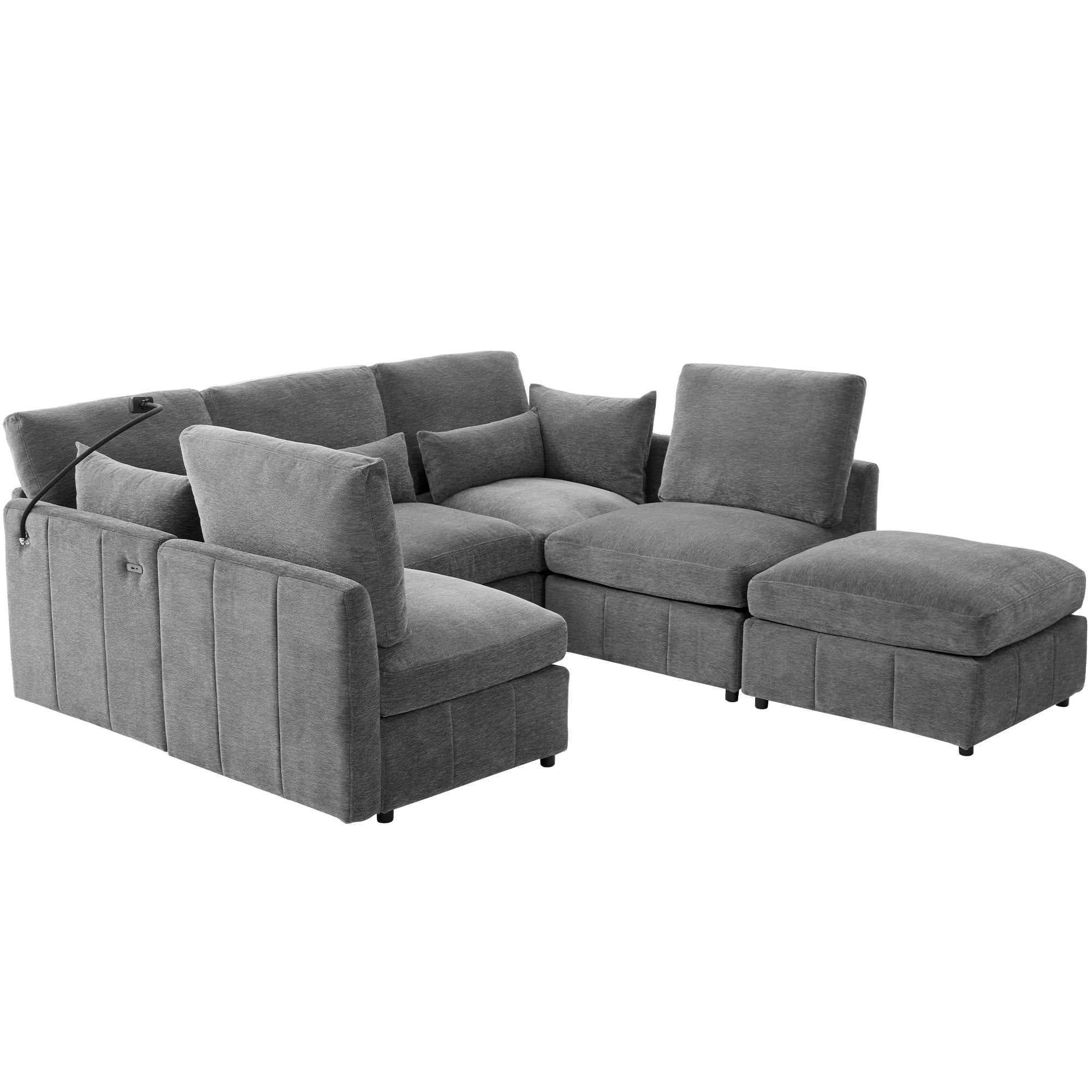 Modern Sectional Sofa Modular Sofa with Movable Ottoman, USB Ports & Phone Holder, Grey Chenille, 85.4'