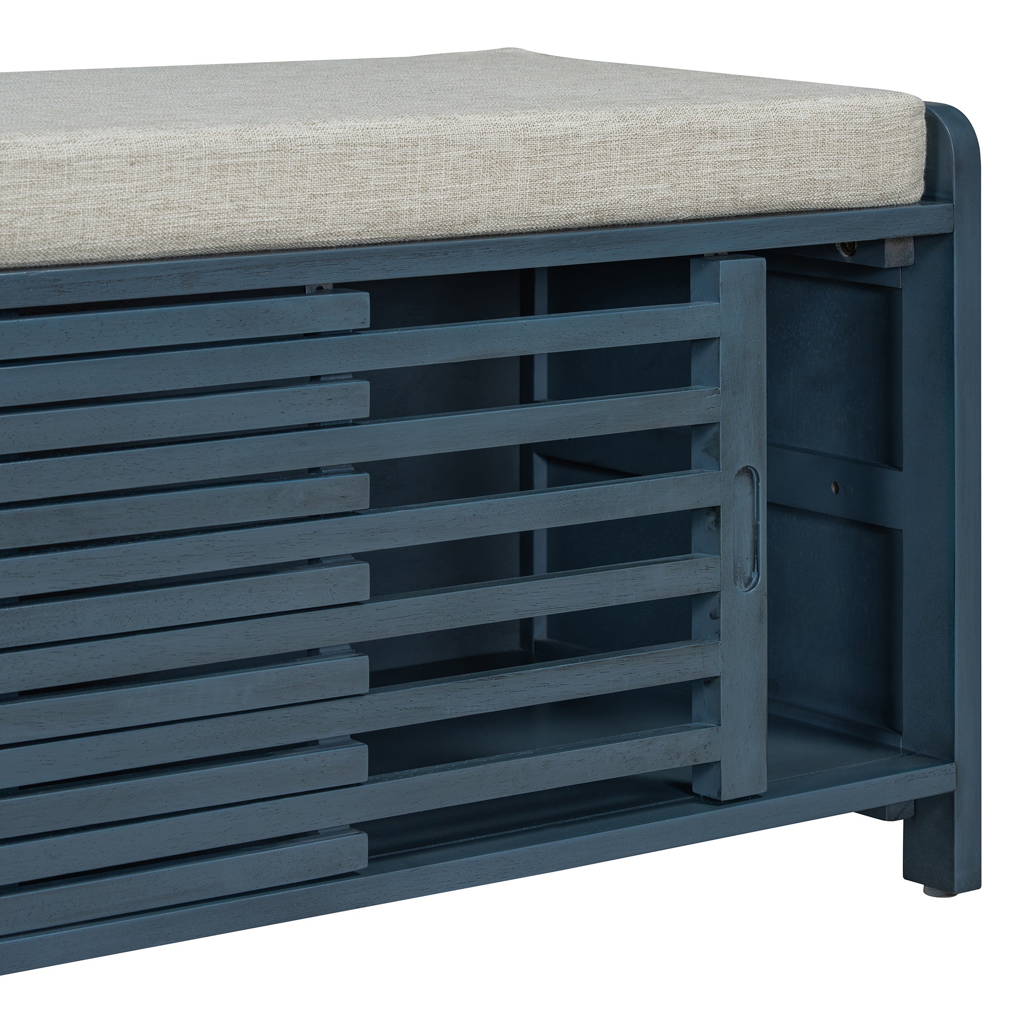 TREXM Distressed Shutter Storage Bench with Acacia Veneer for Retro Charm for Living Room, Entryway (Navy)