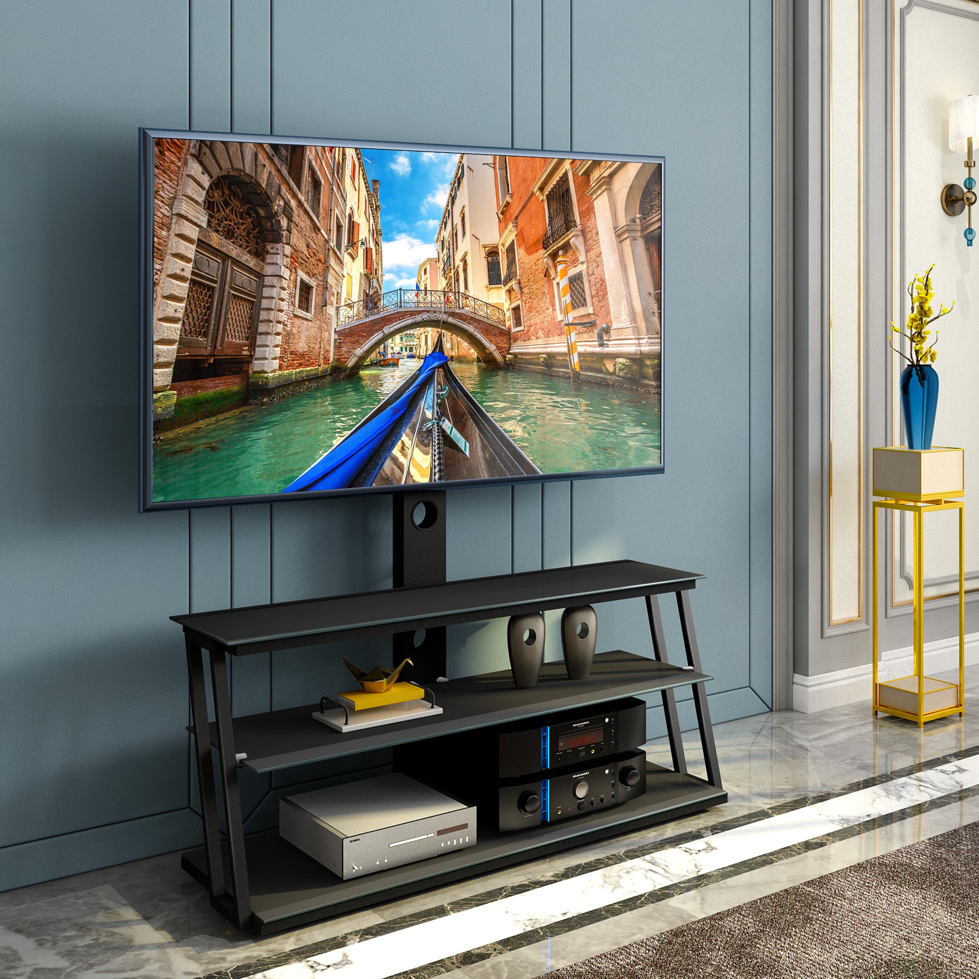 Black Multi-Function Angle And Height Adjustable Tempered Glass  TV Stand - Abrihome