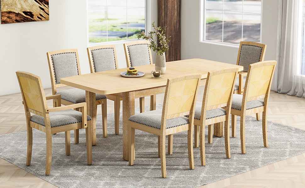 TOPMAX Rustic Extendable Dining Table Set with Removable Leaf, 6 Upholstered Armless Dining Chairs and 2 Padded Arm Chairs, Natural