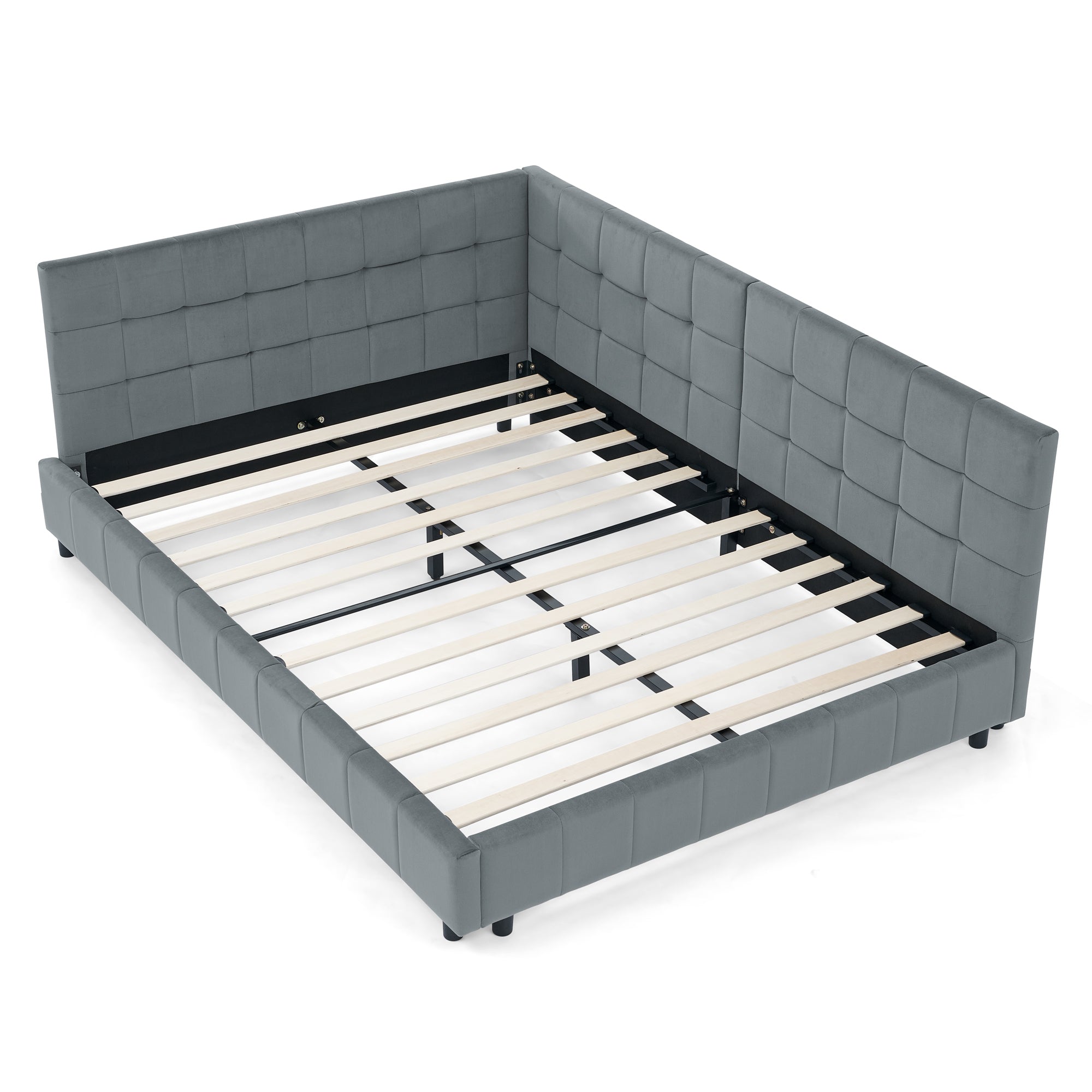 Velvet Grey Full Size Upholstered Tufted Bed Frame with Backrest and Armrests, 80.5''*59''*30.5'' - Abrihome