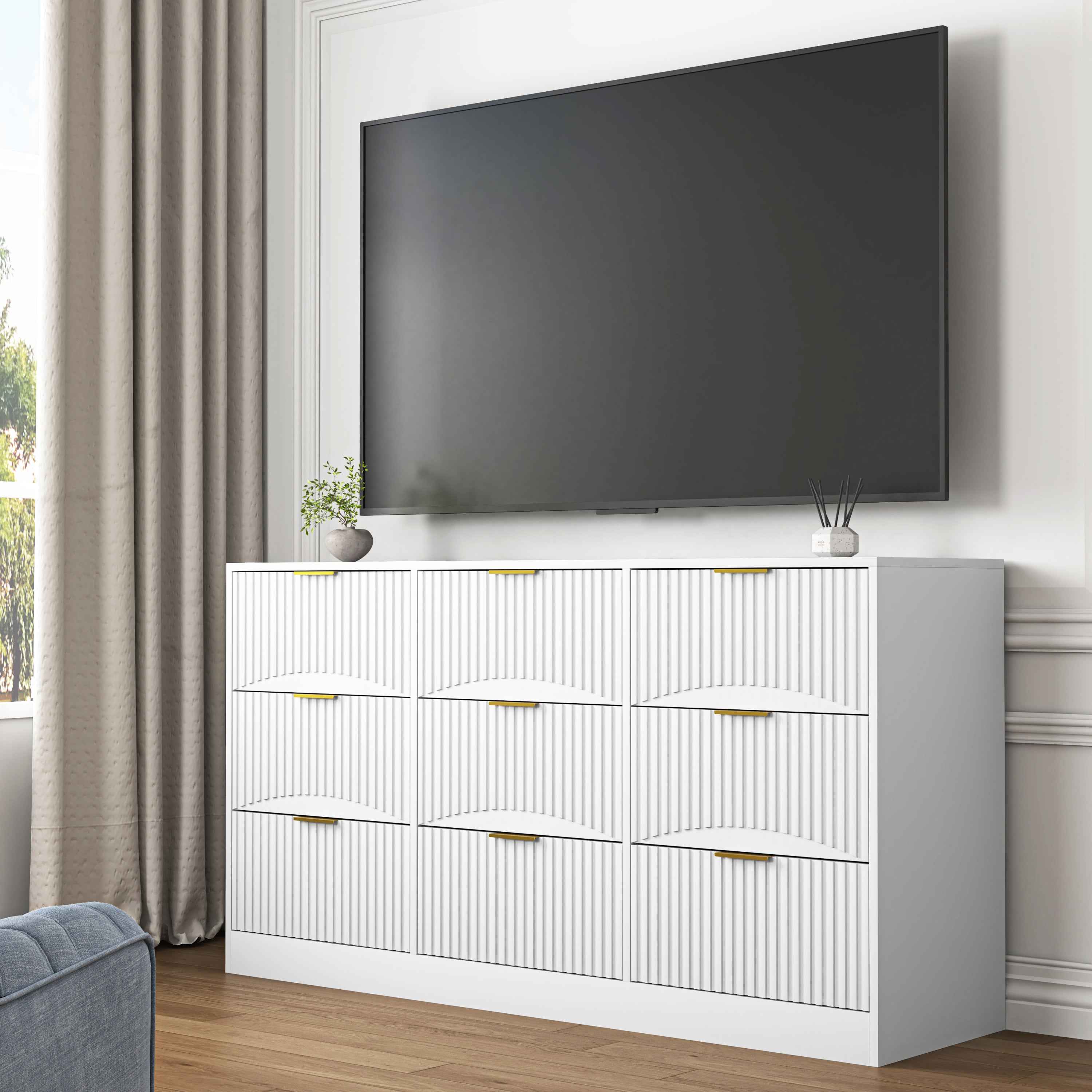 White 9 Drawer Dresser, 63' Large Deep Chest of Drawers, Wooden Dresser Storage Cabinet with 9 Drawers for Bedroom, Long Dressers for Living Room, Hallway, Drawer panel with wavy patterns