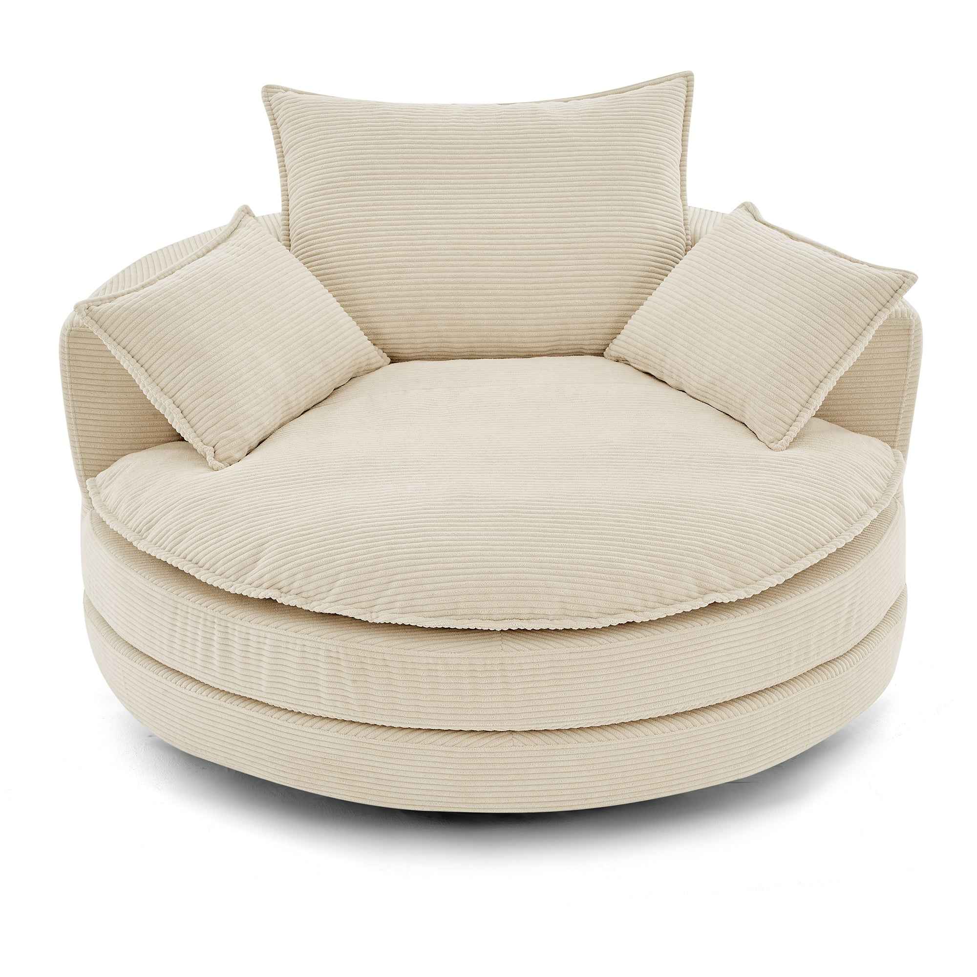 Accent Barrel Chair 360° Swivel Sofa Chair with Dual-layer Cushion and 3 Removable Pillows, Beige Corduroy, 57.5'