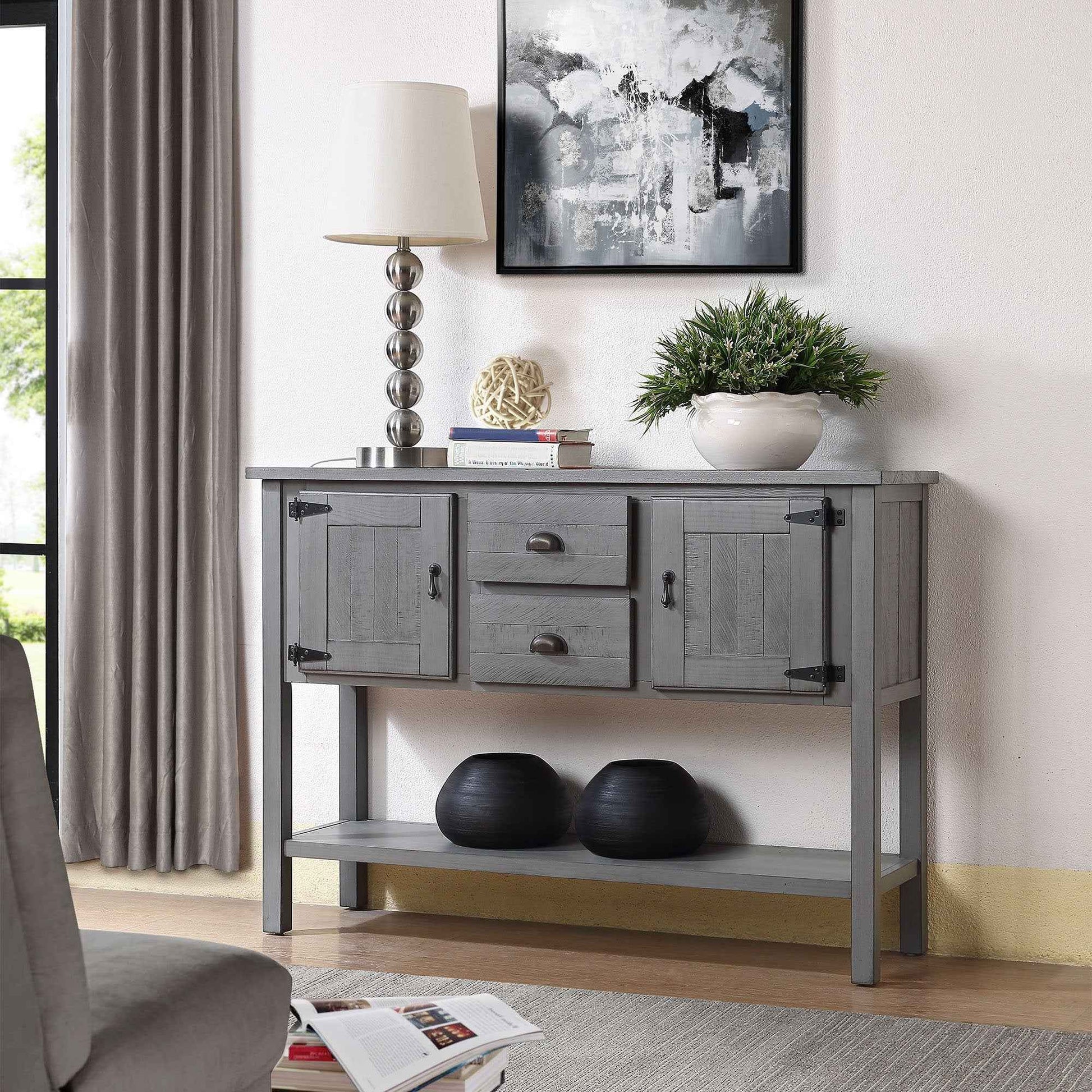 48'' Solid Wood Sideboard Console Table with 2 Drawers and Cabinets and Bottom Shelf, Retro Style Storage Dining Buffet Server Cabinet for Living Room Kitchen Dining Room(Antique Gray)