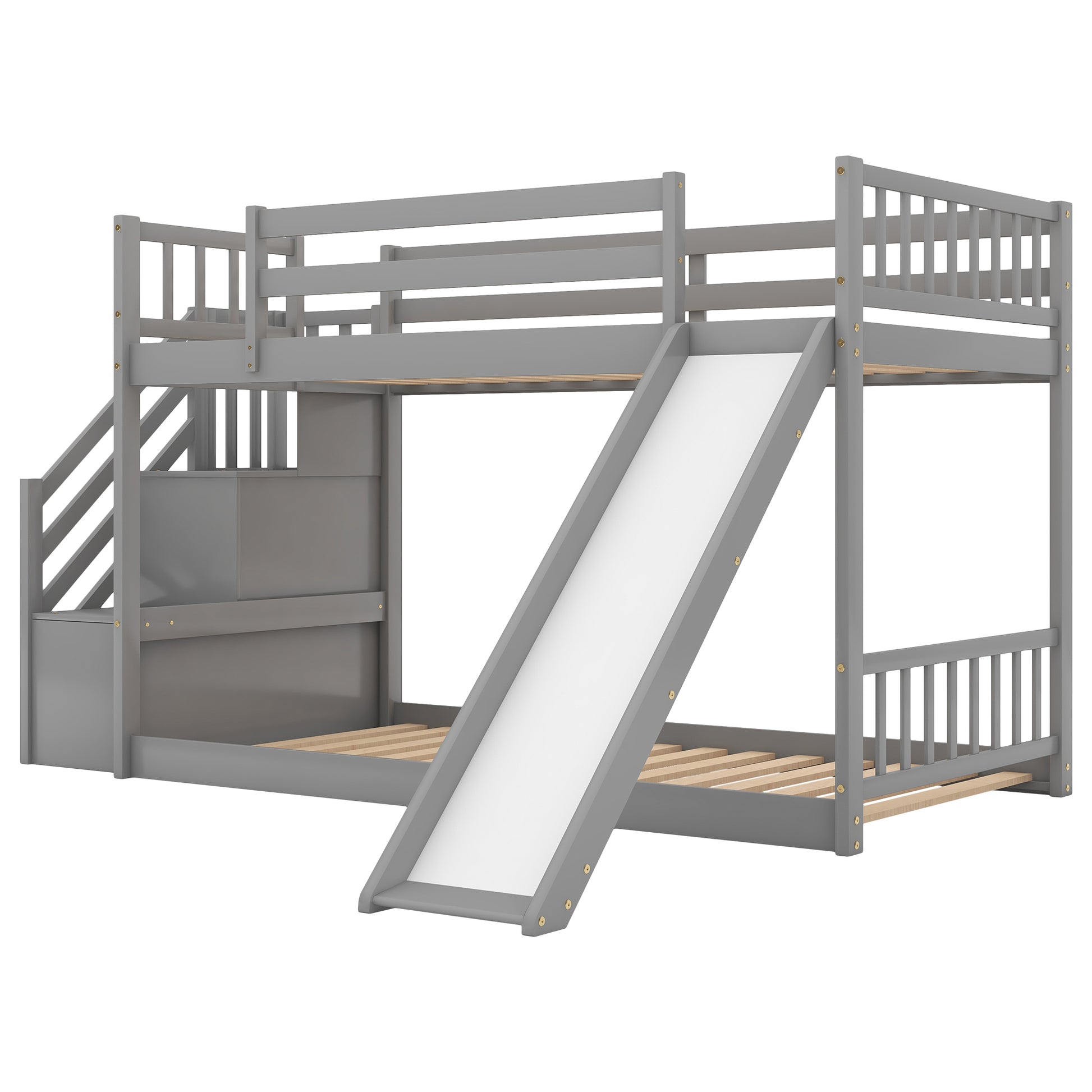 Twin over Twin Bunk Bed with Convertible Slide and Stairway, Gray - Abrihome