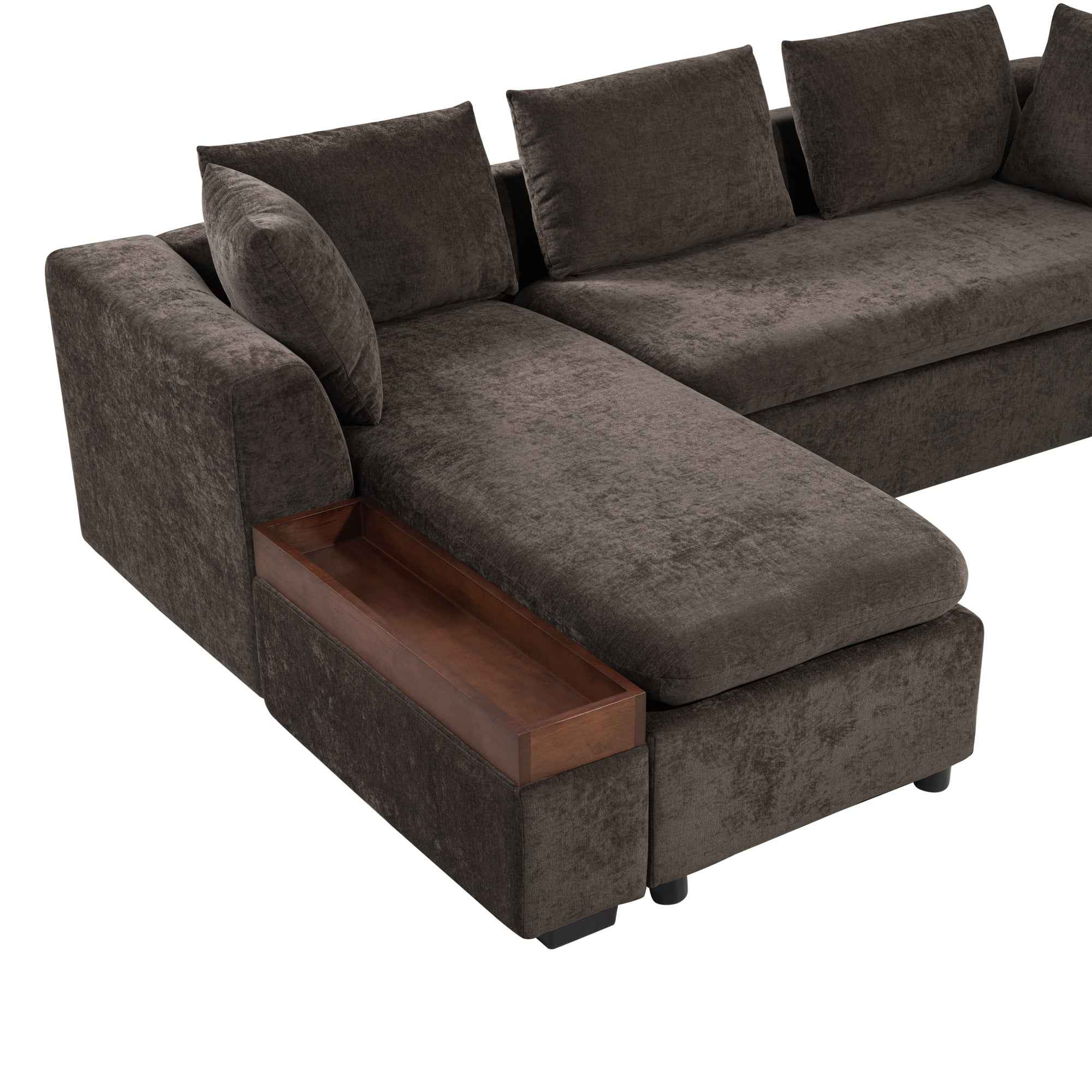 Elegant L-Shaped Sectional Sofa with Chenille Upholstery and Wooden Storage Compartment, Brown