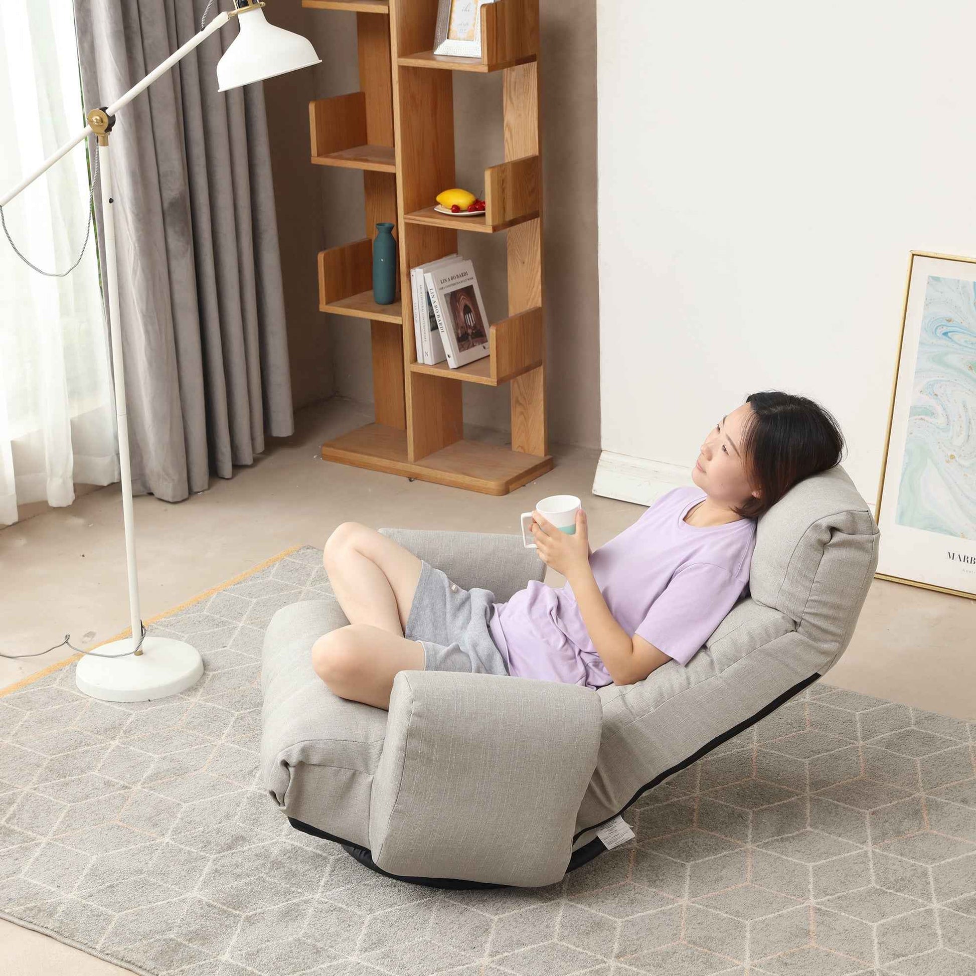 Modern Gray with Metal Frame Swivel Game Lounge Chair with Adjustable Headrest and Waist Support – 360-Degree Rotatable Leisure Chair for Living Room