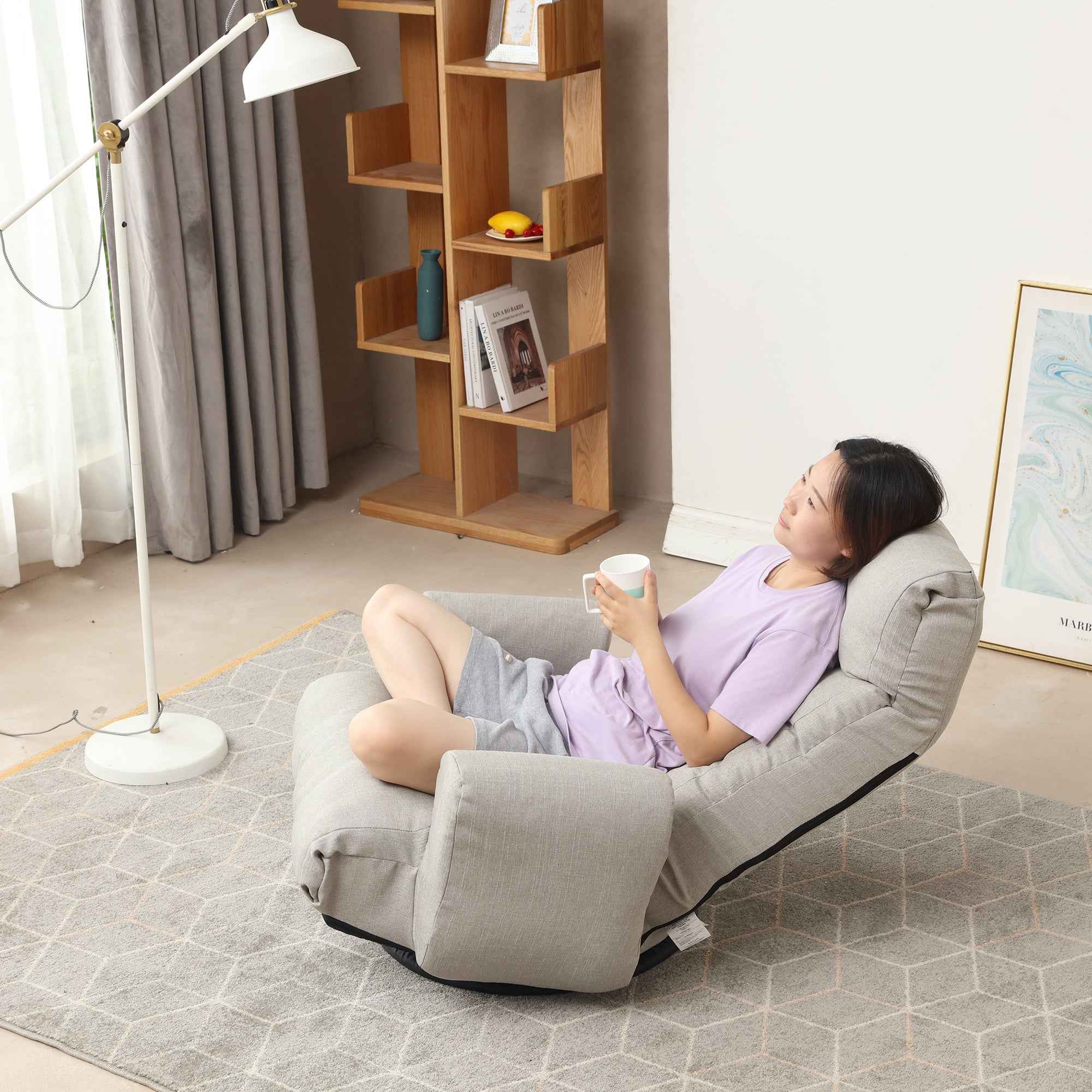 Modern Gray with Metal Frame Swivel Game Lounge Chair with Adjustable Headrest and Waist Support – 360-Degree Rotatable Leisure Chair for Living Room