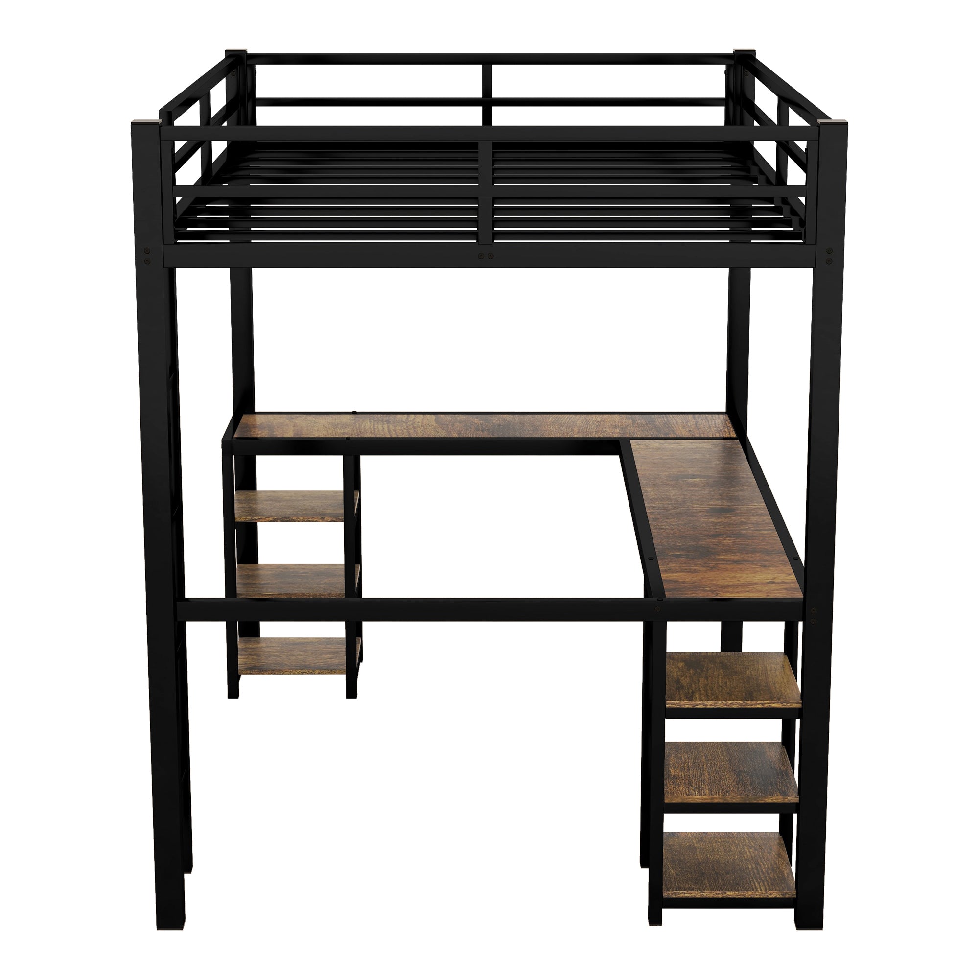 Full Metal Loft Bed with Desk and Shelves, Loft Bed with Ladder and Guardrails, Loft Bed Frame for Bedroom, Black (Old SKU: W1307S00018)