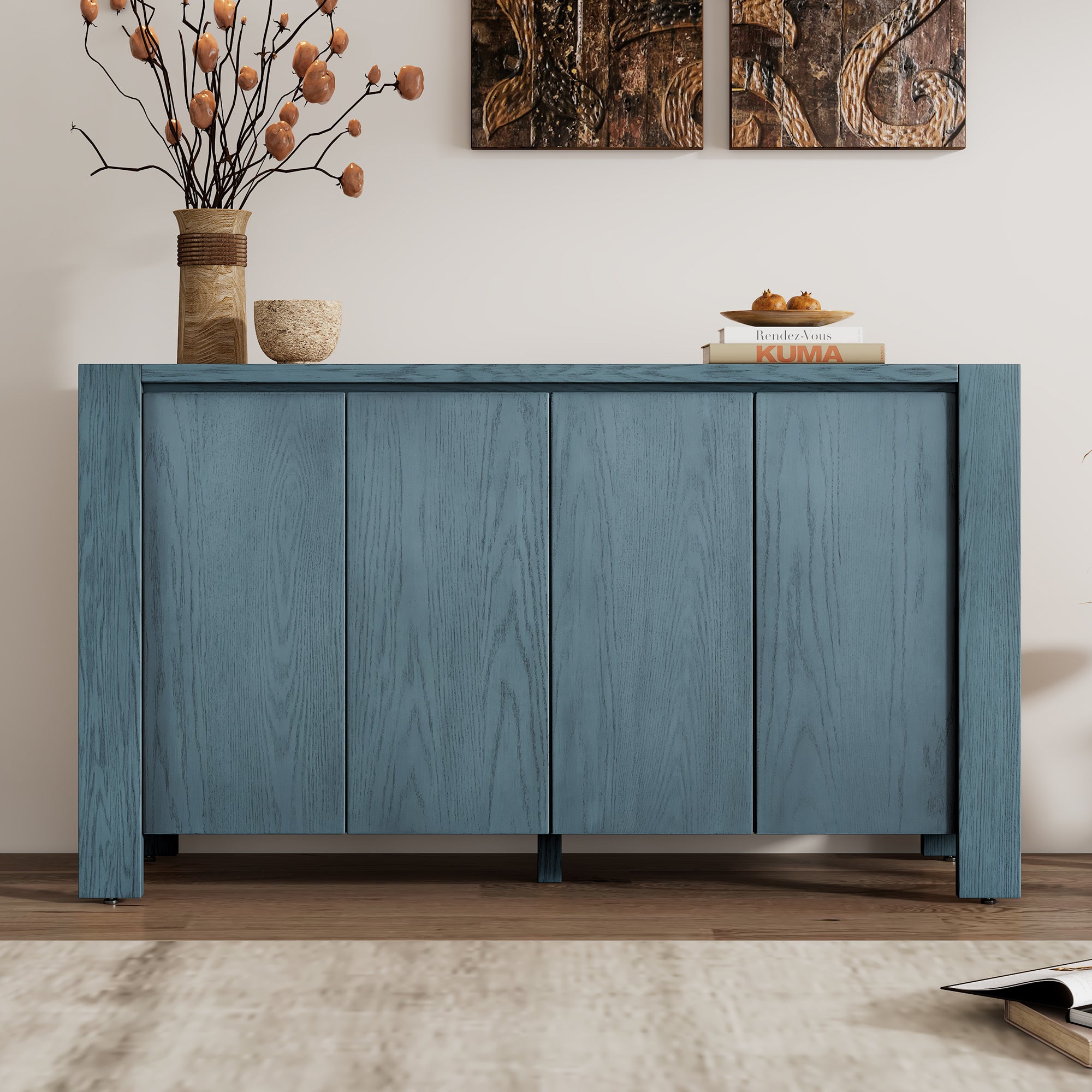 TREXM Retro 4-door Sideboard with Distressed Finish and Adjustable Shelves for Dining Room, Kitchen, and Living Room (Navy)