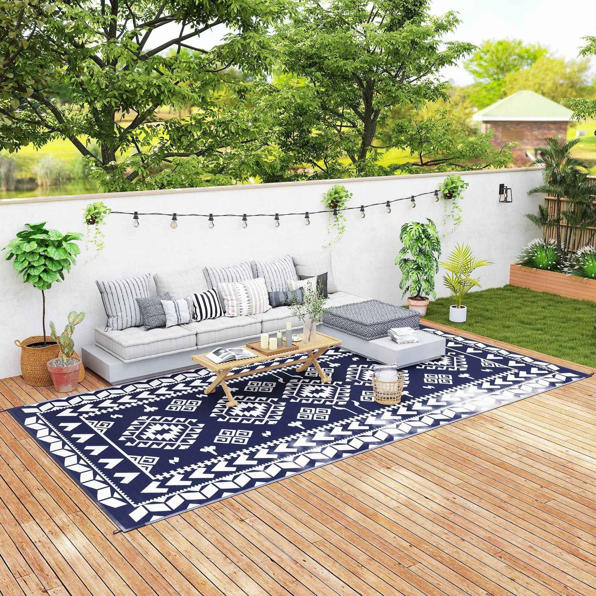 Outsunny Outdoor Patio Rug, Large Camping Carpet with Carrying Bag, 9' x 18' Waterproof Plastic Straw, Reversible, Blue & White Rhombus Patchwork
