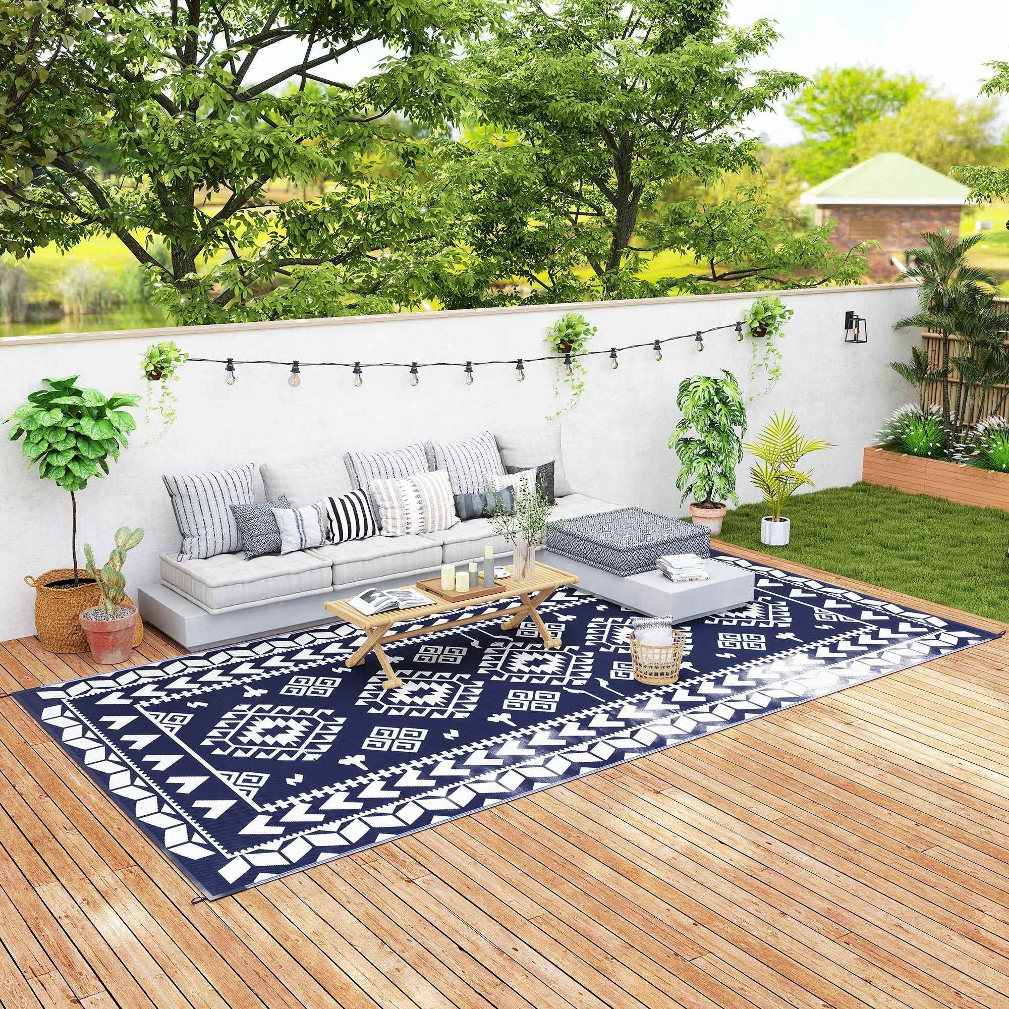 Outsunny Outdoor Patio Rug, Large Camping Carpet with Carrying Bag, 9' x 18' Waterproof Plastic Straw, Reversible, Blue & White Rhombus Patchwork
