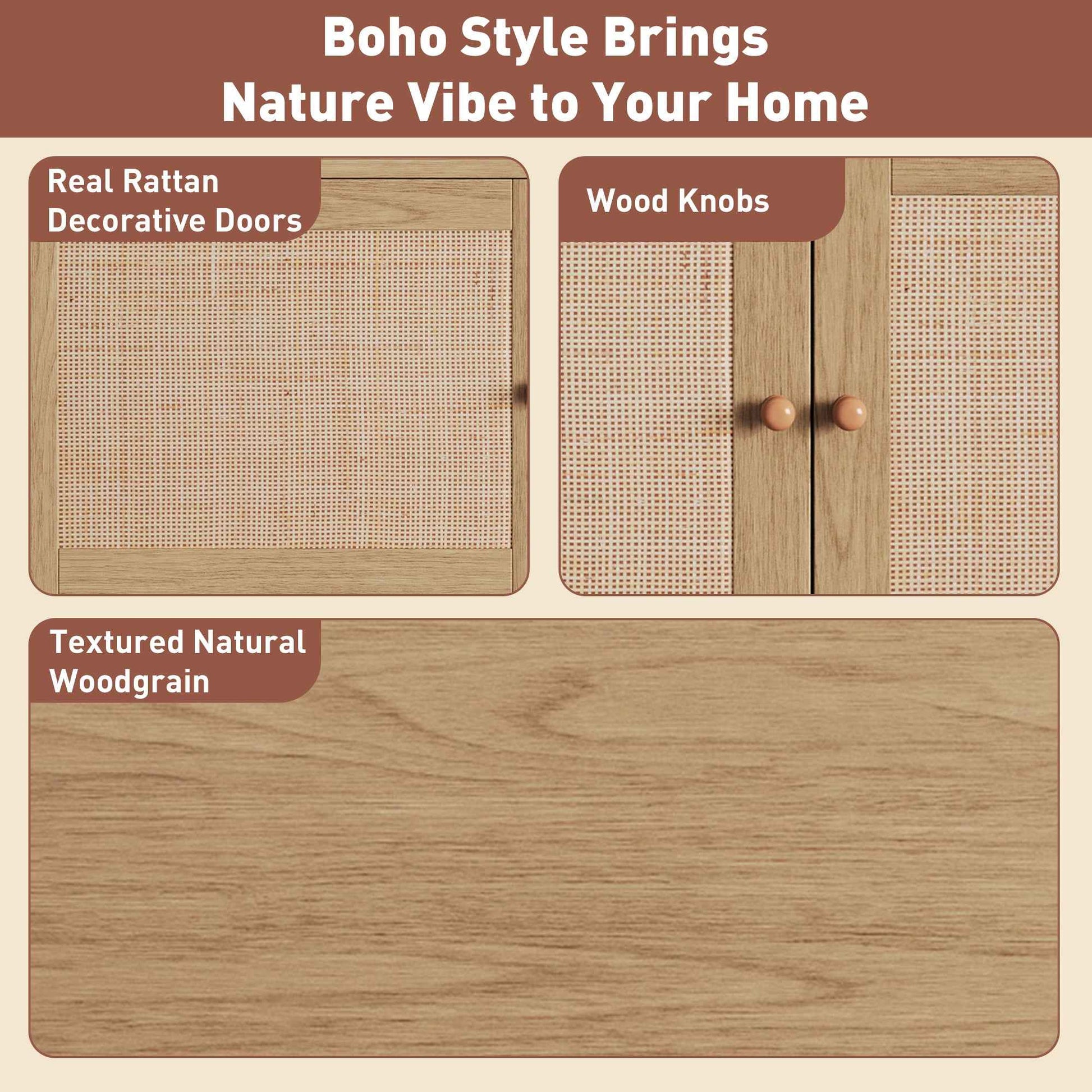 Boho TV Stand for 65 75 85 Inch TV with Real Rattan Doors, Modern Wood Media Console in Natural Finish, 76.6'' L x 15.7'' W x 23.6'' H