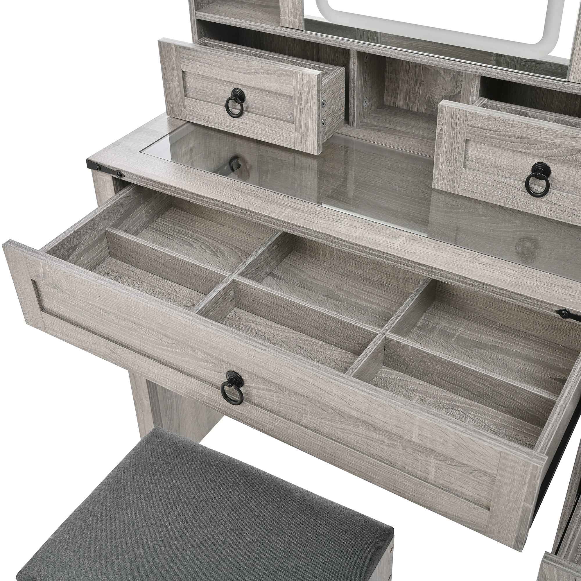 Farmhouse Vanity Desk with Sliding Mirror and Lights, Vanity Set with Glass Top and Charging Station ,Dressing Table with 4 Drawers and 2 Cabinets, Dressing Table with Stool for Bedroom, Gray