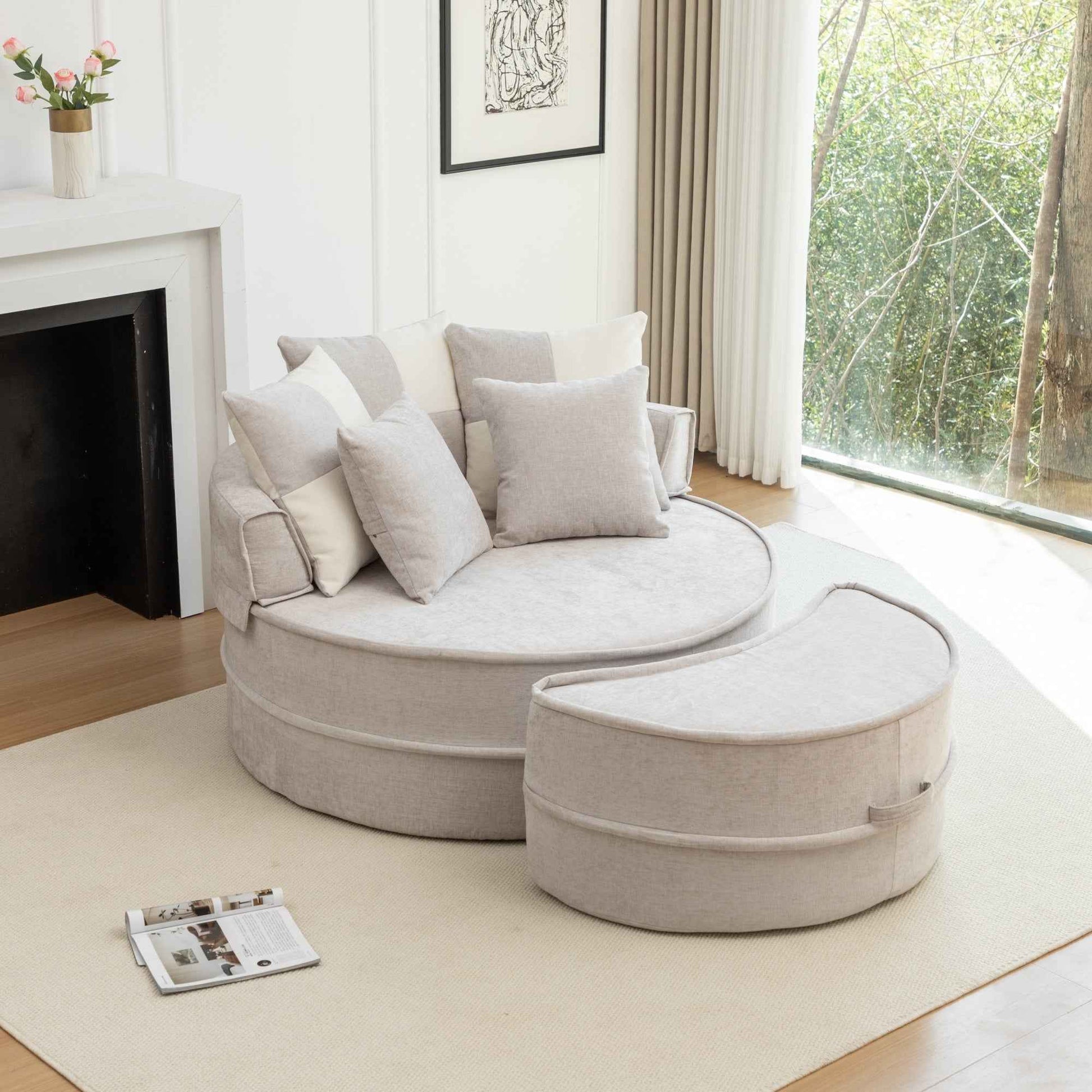 Modern Oversized  Gray Round Barrel Accent Chair with Ottoman – Velvet Upholstered Lounge Armchair with 5 Pillows for Living Room or Bedroom