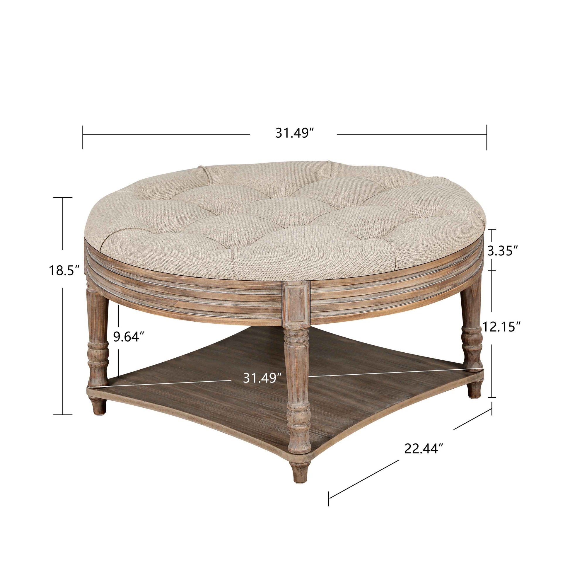 Large Round Waterproof Ottoman Coffee Table 2 Tier Oversized Button Tufted Ottoman with Wooden Shelf Storage Farmhouse Upholstered Coffee Table Living Room Footstool Ottoman Linen