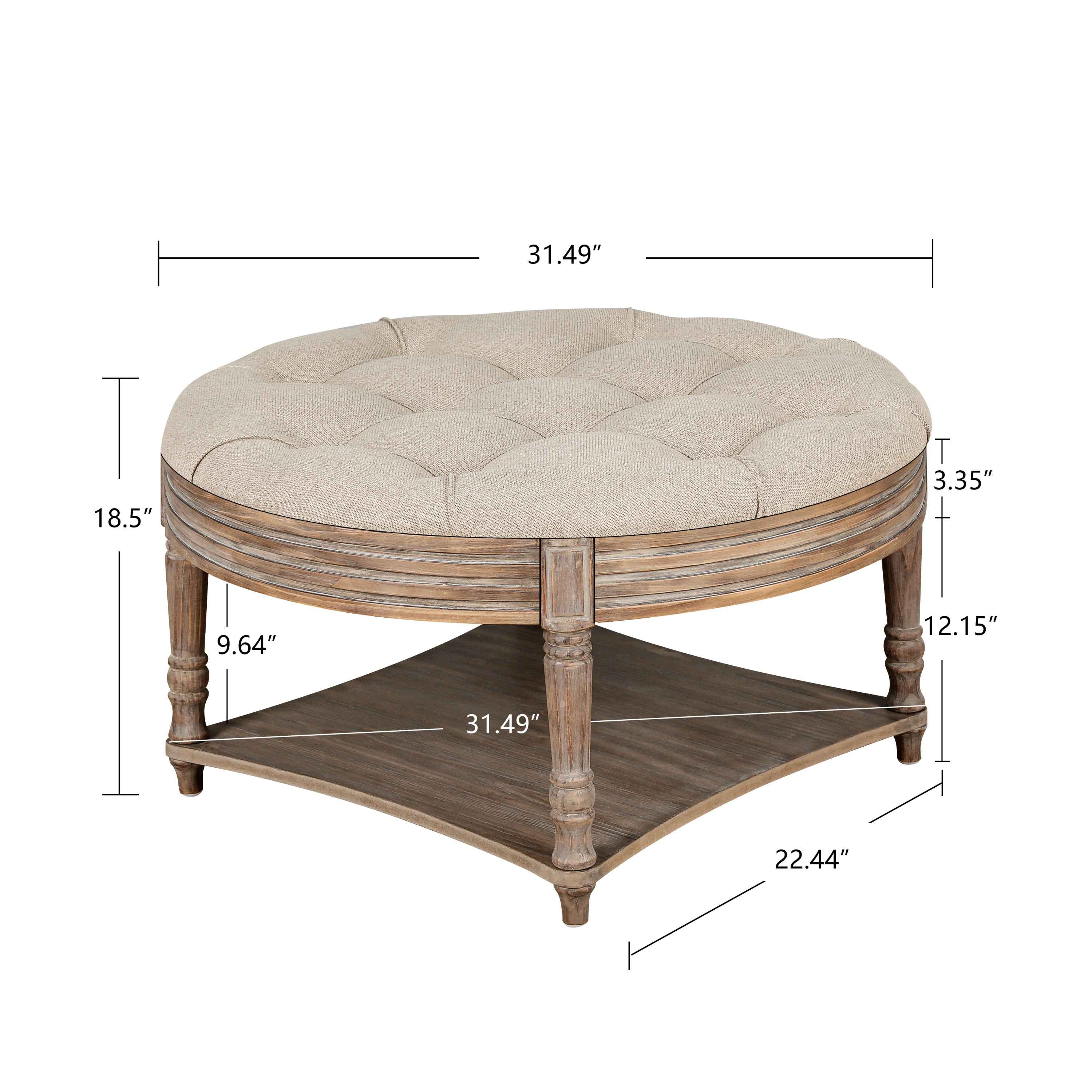 Large Round Waterproof Ottoman Coffee Table 2 Tier Oversized Button Tufted Ottoman with Wooden Shelf Storage Farmhouse Upholstered Coffee Table Living Room Footstool Ottoman Linen