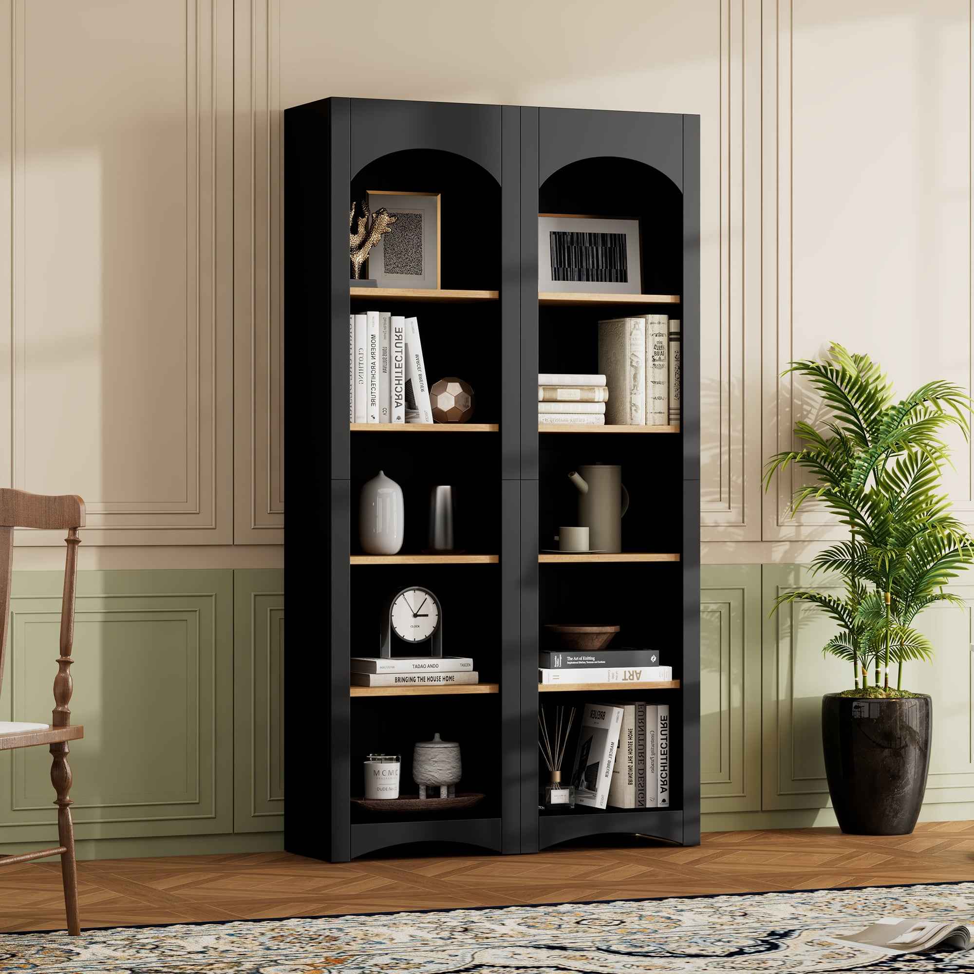 ON-TREND Free Standing 5 Tier Bookshelves, Bookcases Set of 2, Farmhouse Two-Tone Storage Cabinet with Adjustable Shelves, Modern 72'H Kitchen Pantry Cabinet for Living Room, Home Office, Black