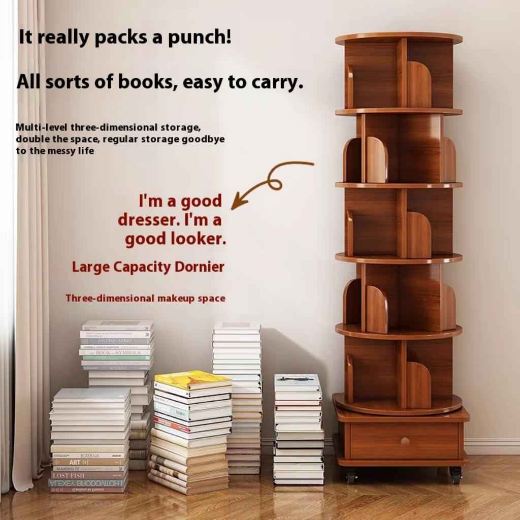 (UPGRADED) Rotating Bookshelf, 360 Display Corner Bookshelf for Small Space, 6 Tier Bookcase Storage Rack with Wheels, Wood Narrow Organizer for Bedroom, Living Room, Study Room, Walnut Brown